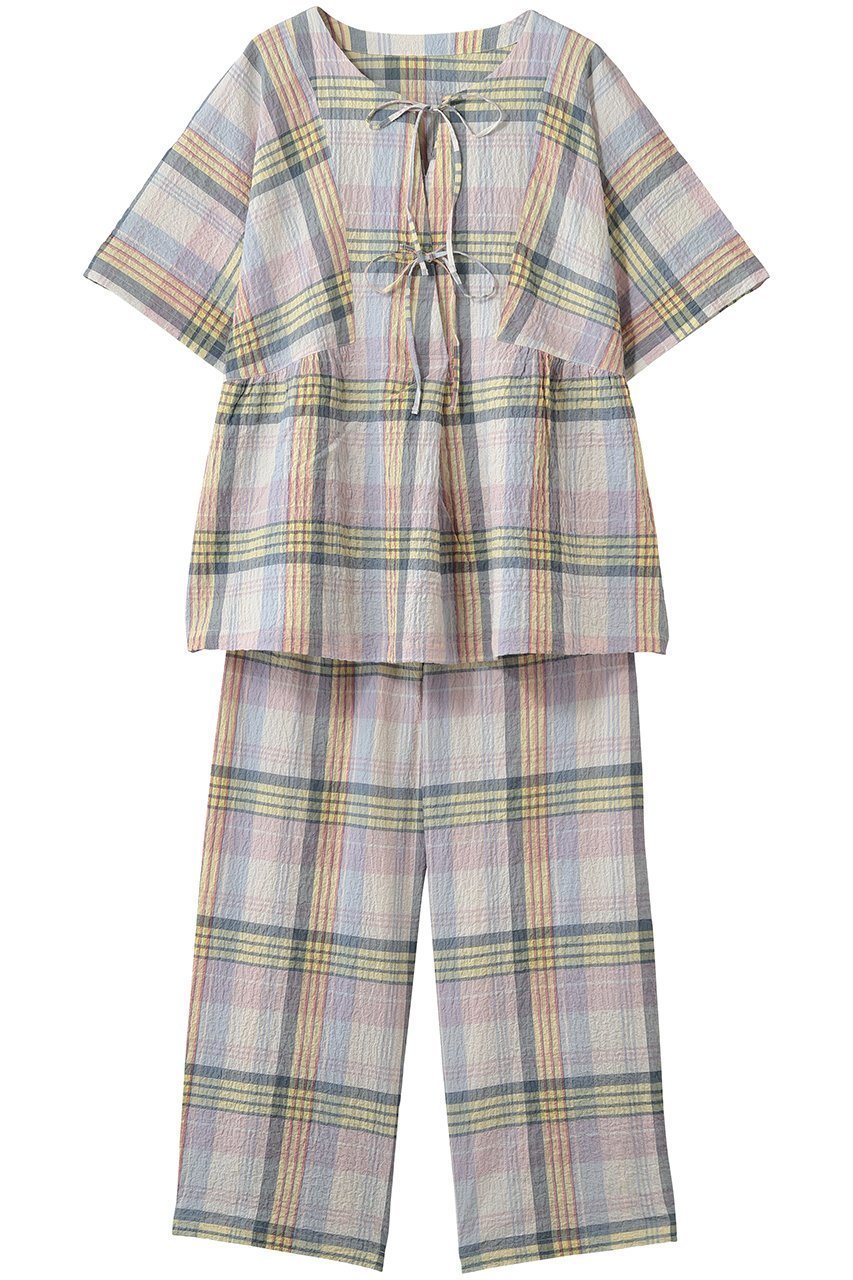 【キッドブルー/KID BLUE】の26シャーリングチェックパジャマ インテリア・キッズ・メンズ・レディースファッション・服の通販 founy(ファニー) 　ファッション　Fashion　レディースファッション　Fashion for Women　トップス・カットソー　Cut & Sew Tops　シャーリング　Shirring, Ruched　チェック　Check, Plaid, Tartan　パジャマ　Pajamas, Sleepwear　リボン　Ribbon, Bow　夏　Summer　新作・新入荷　New Arrivals / New In　マルチ|ID: prp329100004941654 ipo3291000000037088229