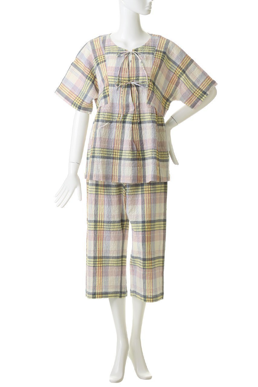 【キッドブルー/KID BLUE】の26シャーリングチェックパジャマ 人気、トレンドファッション・服の通販 founy(ファニー) 　ファッション　Fashion　レディースファッション　Fashion for Women　トップス・カットソー　Cut & Sew Tops　シャーリング　Shirring, Ruched　チェック　Check, Plaid, Tartan　パジャマ　Pajamas, Sleepwear　リボン　Ribbon, Bow　夏　Summer　新作・新入荷　New Arrivals / New In　other-2|ID: prp329100004941654 ipo3291000000037088230