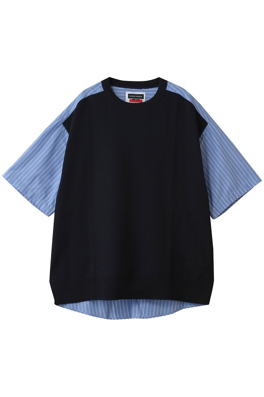 【メゾンスペシャル/MAISON SPECIAL】の布帛ドッキング S/S ニットTEE インテリア・キッズ・メンズ・レディースファッション・服の通販 founy(ファニー) 　ファッション　Fashion　レディースファッション　Fashion for Women　トップス・カットソー　Cut & Sew Tops　ニット　Knit Tops & Sweaters　シャツ・ブラウス・オフィスカジュアル　Elegant Blouses & Button-Ups　ロングTシャツ・Tシャツ　Longline T-Shirts & Tees　カットソー・ベーシックTシャツ　Cut-and-Sewn Tops / Stretch Tees & Basics　ユニセックス　Unisex, Genderless　ショート　Short, Short Length　シンプル　Simple, Minimal　ストライプ　Stripe, Striped Pattern　スリーブ　Sleeve, Long Sleeve / Short Sleeve　ドッキング　Docking, Mixed Material　夏　Summer　新作・新入荷　New Arrivals / New In　S/S・春夏　SS, Spring/Summer, Warm Season　畦　Ribbed Knit　NVY(ネイビー)|ID: prp329100004941656 ipo3291000000037088245