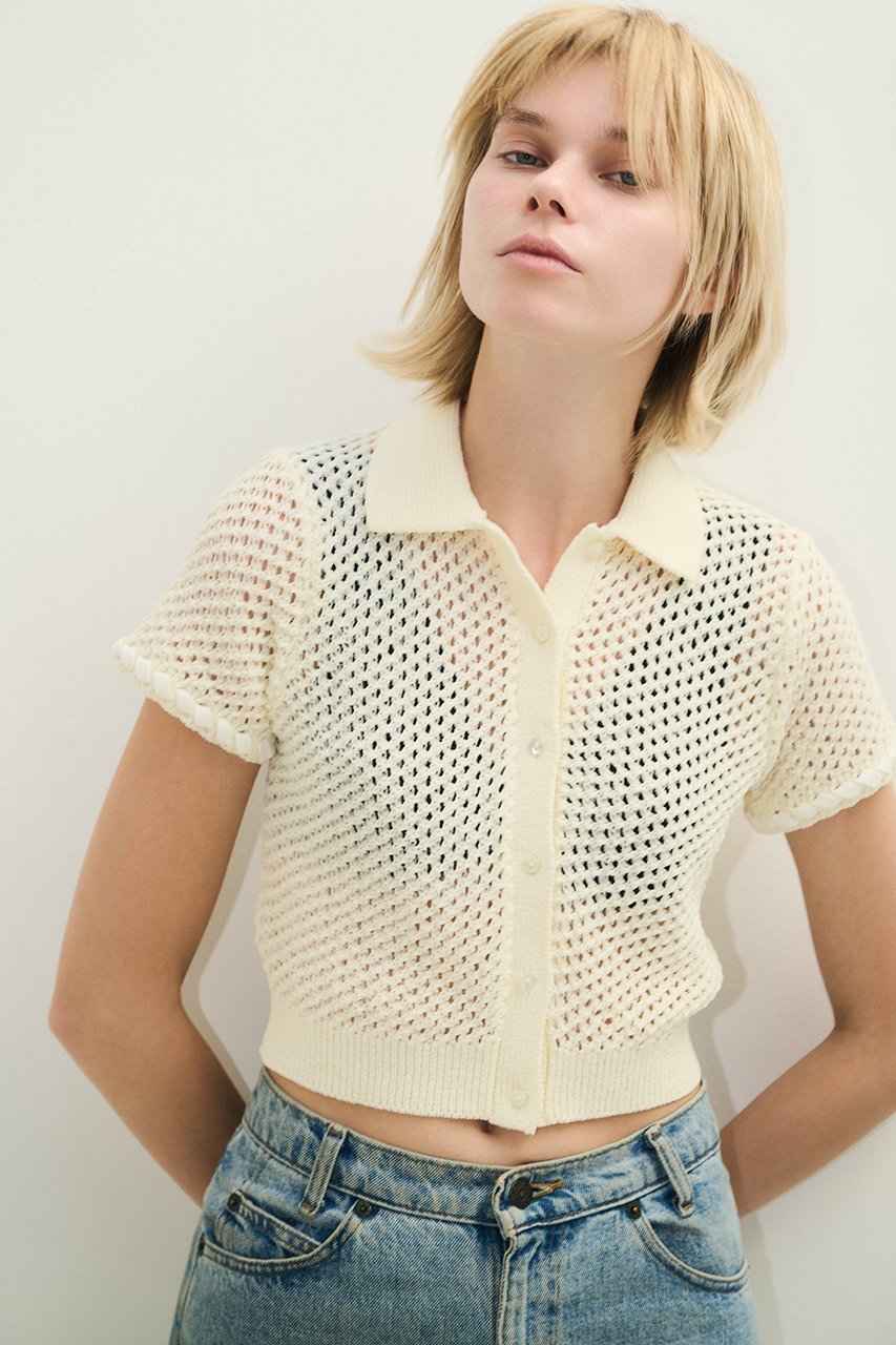 【ナイスナイスモーメント/NICENICE MOMENT】のアイレット ポロニット(不織布カップ付き) 人気、トレンドファッション・服の通販 founy(ファニー) 　ファッション　Fashion　レディースファッション　Fashion for Women　トップス・カットソー　Cut & Sew Tops　ニット　Knit Tops & Sweaters　カジュアルプルオーバー・ニットトップス　Pullovers & Knit Tops / Casual Pullovers　アイレット　Eyelet Lace　インナー　Innerwear　フロント　Front, Front Design　メッシュ　Mesh, Net Fabric　新作・新入荷　New Arrivals / New In　other-7|ID: prp329100004942527 ipo3291000000037095652