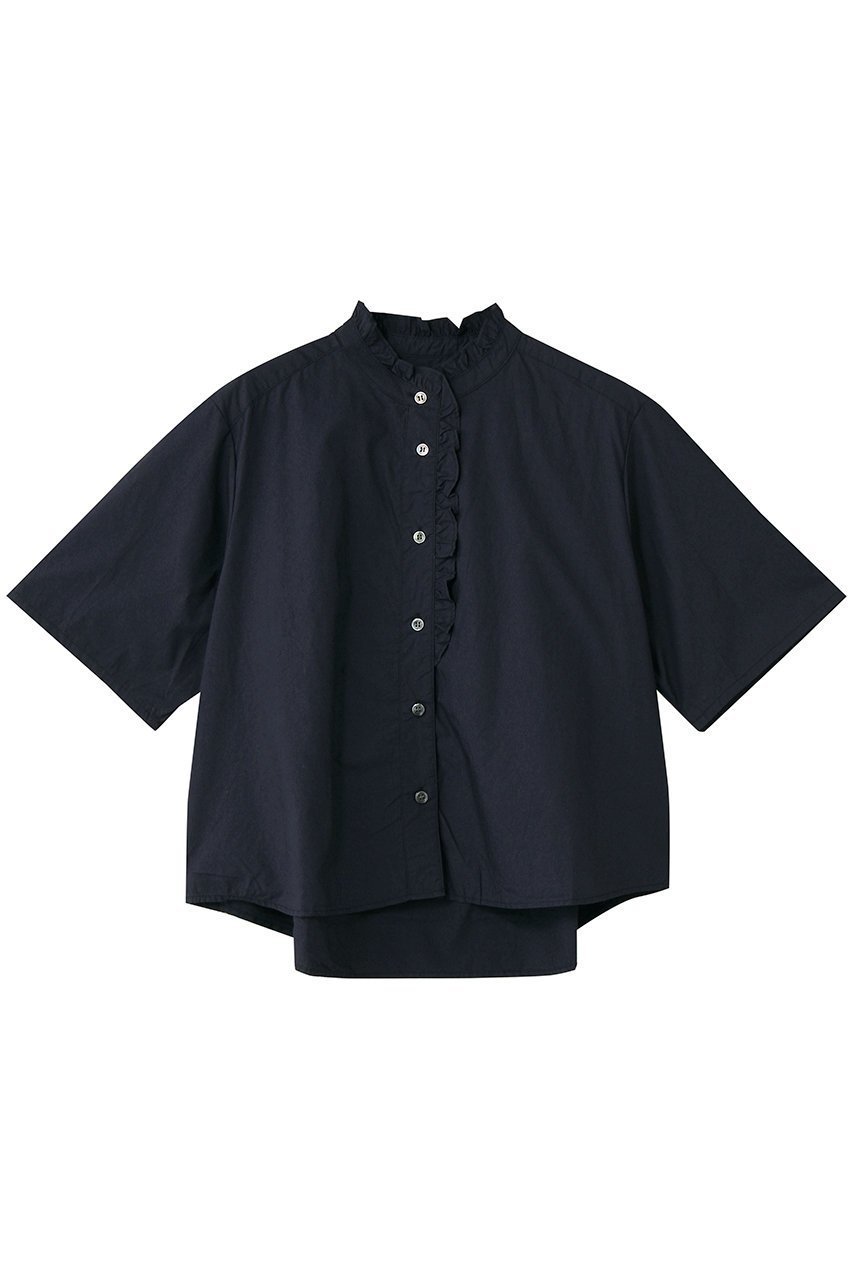 【ミディウミ/MidiUmi】のh/s front half frill shirt シャツ インテリア・キッズ・メンズ・レディースファッション・服の通販 founy(ファニー) 　ファッション　Fashion　レディースファッション　Fashion for Women　トップス・カットソー　Cut & Sew Tops　シャツ・ブラウス・オフィスカジュアル　Elegant Blouses & Button-Ups　おすすめ　Recommended / Our Picks　クロップド　Cropped, Short Length　ショート　Short, Short Length　ジャケット　Jacket, Outerwear　スタンド　Stand Collar, Upright Stand　スリーブ　Sleeve, Long Sleeve / Short Sleeve　トレンド　Trend, Trending Now　フリル　Frill, Ruffle　新作・新入荷　New Arrivals / New In　navy|ID: prp329100004942540 ipo3291000000037095730