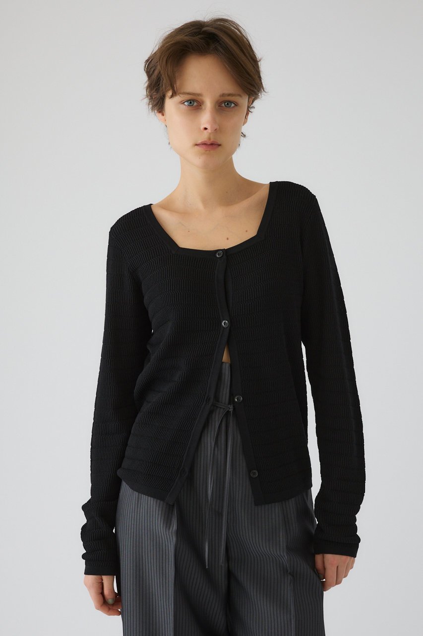 【リムアーク/RIM.ARK】の【5/1 10:00販売開始】Tuck rib knit CD/ニットカーディガン インテリア・キッズ・メンズ・レディースファッション・服の通販 founy(ファニー) 　ファッション　Fashion　レディースファッション　Fashion for Women　トップス・カットソー　Cut & Sew Tops　ニット　Knit Tops & Sweaters　カーディガン・羽織り　Layered Style Cardigans　カーディガン　Cardigan, Knitwear　スラックス　Slacks, Dress Pants　デコルテ　Décolleté, Neckline　デニム　Denim, Jeans Material　リブニット　Rib Knit, Ribbed Knit　おすすめ　Recommended / Our Picks　エレガント 上品　Elegant　新作・新入荷　New Arrivals / New In　ブラック|ID: prp329100004942605 ipo3291000000037096321