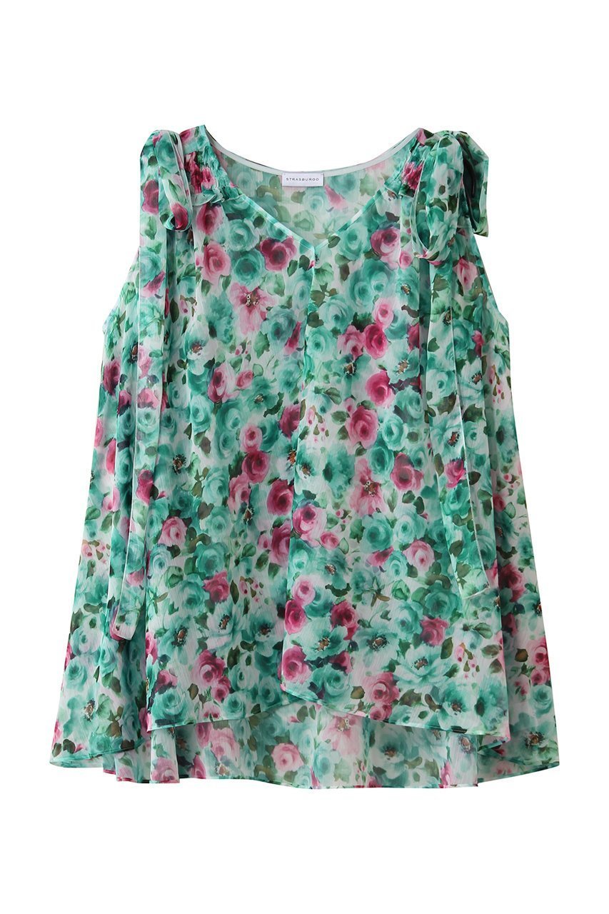 【その他のブランド/Other】のフラワー柄 ショルダーリボン ブラウス インテリア・キッズ・メンズ・レディースファッション・服の通販 founy(ファニー) 　ファッション　Fashion　レディースファッション　Fashion for Women　トップス・カットソー　Cut & Sew Tops　シャツ・ブラウス・オフィスカジュアル　Elegant Blouses & Button-Ups　おすすめ　Recommended / Our Picks　イタリア　Italy　コレクション　Collection, Seasonal Line　シャーリング　Shirring, Ruched　ショルダー　Shoulder, Shoulder Strap　ショート　Short, Short Length　スリーブ　Sleeve, Long Sleeve / Short Sleeve　ティアード　Tiered, Tiered Style　デコルテ　Décolleté, Neckline　ドレープ　Drape, Draping Fabric　フラワー　Flower, Floral　プリント　Print, Printed Pattern　リボン　Ribbon, Bow　新作・新入荷　New Arrivals / New In　グリーン|ID: prp329100004942648 ipo3291000000037096667