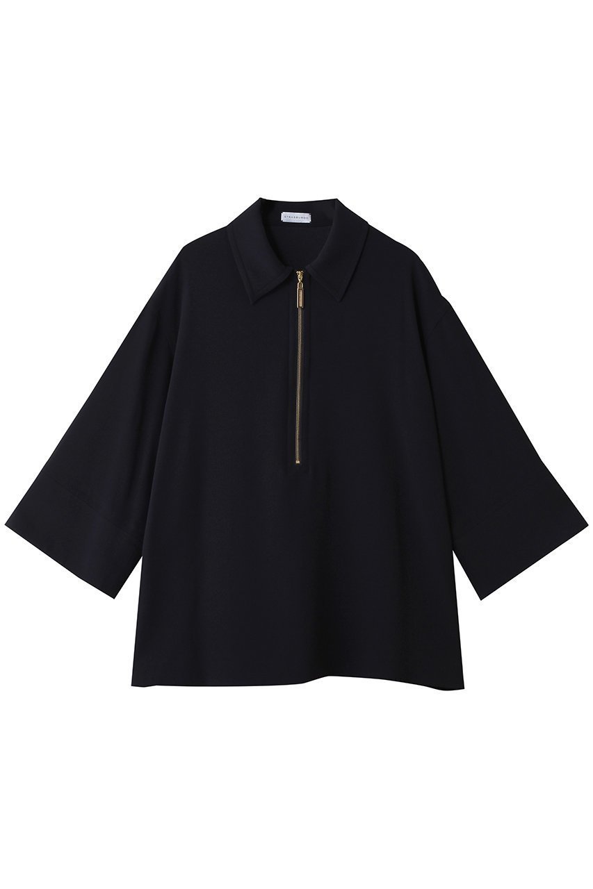 【その他のブランド/Other】のバックサテンジョーゼットフロントメタルファスナー襟付きプルオーバー インテリア・キッズ・メンズ・レディースファッション・服の通販 founy(ファニー) 　ファッション　Fashion　レディースファッション　Fashion for Women　トップス・カットソー　Cut & Sew Tops　シャツ・ブラウス・オフィスカジュアル　Elegant Blouses & Button-Ups　カジュアルプルオーバー・ニットトップス　Pullovers & Knit Tops / Casual Pullovers　バッグ　Bags　ショート　Short, Short Length　ストレッチ　Stretch, Stretchy Fabric　スリーブ　Sleeve, Long Sleeve / Short Sleeve　フロント　Front, Front Design　新作・新入荷　New Arrivals / New In　ネイビー|ID: prp329100004942657 ipo3291000000037096741