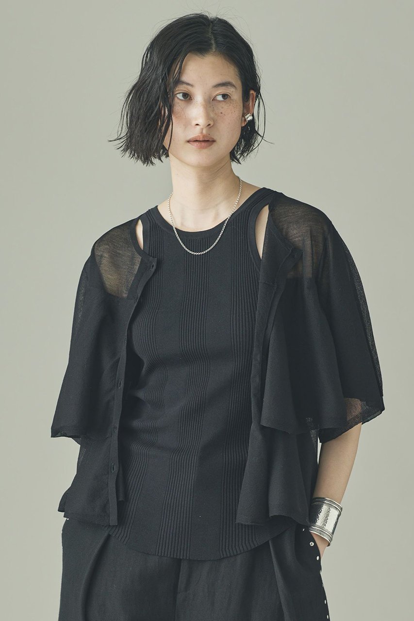 【カレンソロジー/Curensology】のフレアー2WAYニットプルオーバー インテリア・キッズ・メンズ・レディースファッション・服の通販 founy(ファニー) 　ファッション　Fashion　レディースファッション　Fashion for Women　トップス・カットソー　Cut & Sew Tops　ニット　Knit Tops & Sweaters　カジュアルプルオーバー・ニットトップス　Pullovers & Knit Tops / Casual Pullovers　なめらか　Smooth, Silky Texture　サマー　Summer, Summer Style　シアー　Sheer, See-Through　デニム　Denim, Jeans Material　フレア　Flare, Flared　再入荷　Restock / Back in Stock　ブラック|ID: prp329100004942701 ipo3291000000037097115