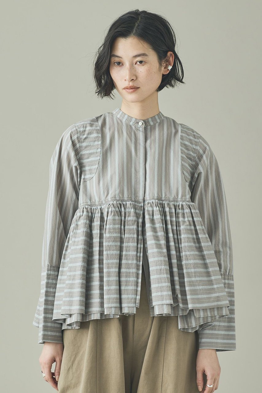 【カレンソロジー/Curensology】のストライプレイヤードギャザーブラウス 人気、トレンドファッション・服の通販 founy(ファニー) 　ファッション　Fashion　レディースファッション　Fashion for Women　トップス・カットソー　Cut & Sew Tops　シャツ・ブラウス・オフィスカジュアル　Elegant Blouses & Button-Ups　エアリー　Airy Texture　ギャザー　Gathered, Ruffled　ショート　Short, Short Length　スタイリッシュ　Stylish, Fashionable　ストライプ　Stripe, Striped Pattern　スリーブ　Sleeve, Long Sleeve / Short Sleeve　ランダム　Random, Irregular　再入荷　Restock / Back in Stock　春　Spring　other-8|ID: prp329100004942703 ipo3291000000037097139