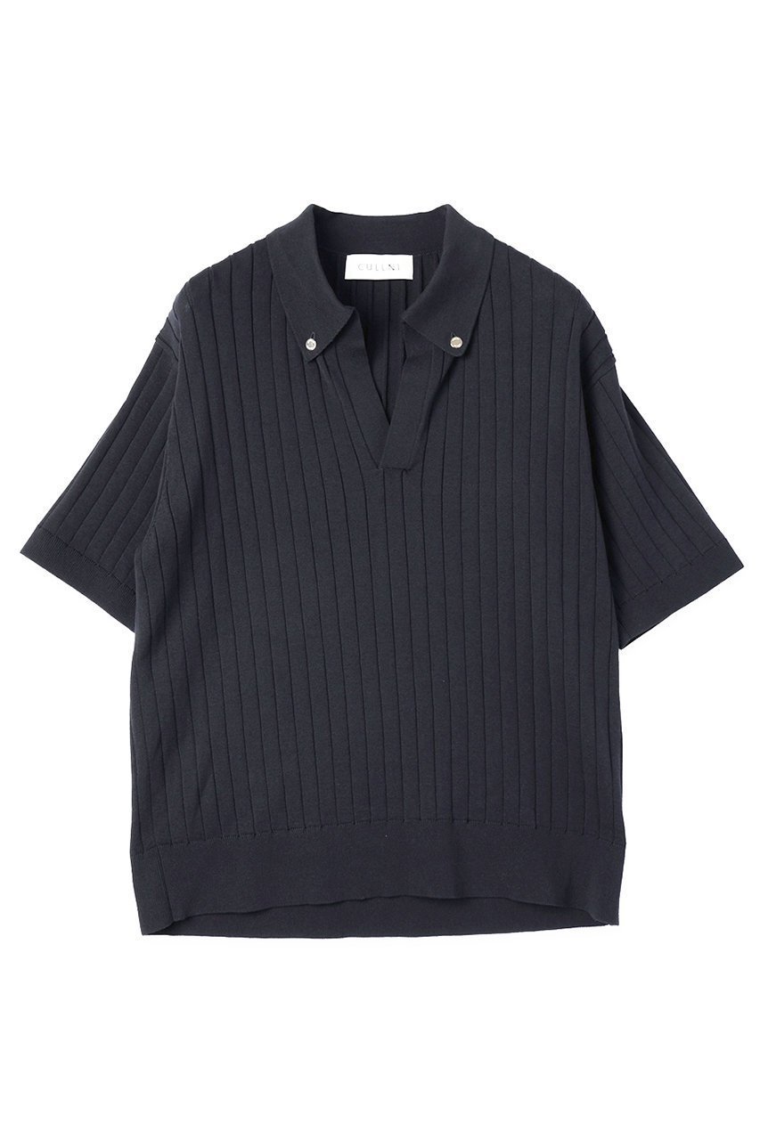 【クルニ/CULLNI】の【UNISEX】ワイド リブ スキッパー カラー ショートスリーブ ニット インテリア・キッズ・メンズ・レディースファッション・服の通販 founy(ファニー) 　ファッション　Fashion　レディースファッション　Fashion for Women　トップス・カットソー　Cut & Sew Tops　ニット　Knit Tops & Sweaters　カジュアルプルオーバー・ニットトップス　Pullovers & Knit Tops / Casual Pullovers　ユニセックス　Unisex, Genderless　エアリー　Airy Texture　ショート　Short, Short Length　スキッパー　Skipper, Open Collar　スリーブ　Sleeve, Long Sleeve / Short Sleeve　ワイド　Wide, Wide Fit　エレガント 上品　Elegant　新作・新入荷　New Arrivals / New In　ブラック|ID: prp329100004942899 ipo3291000000037099988
