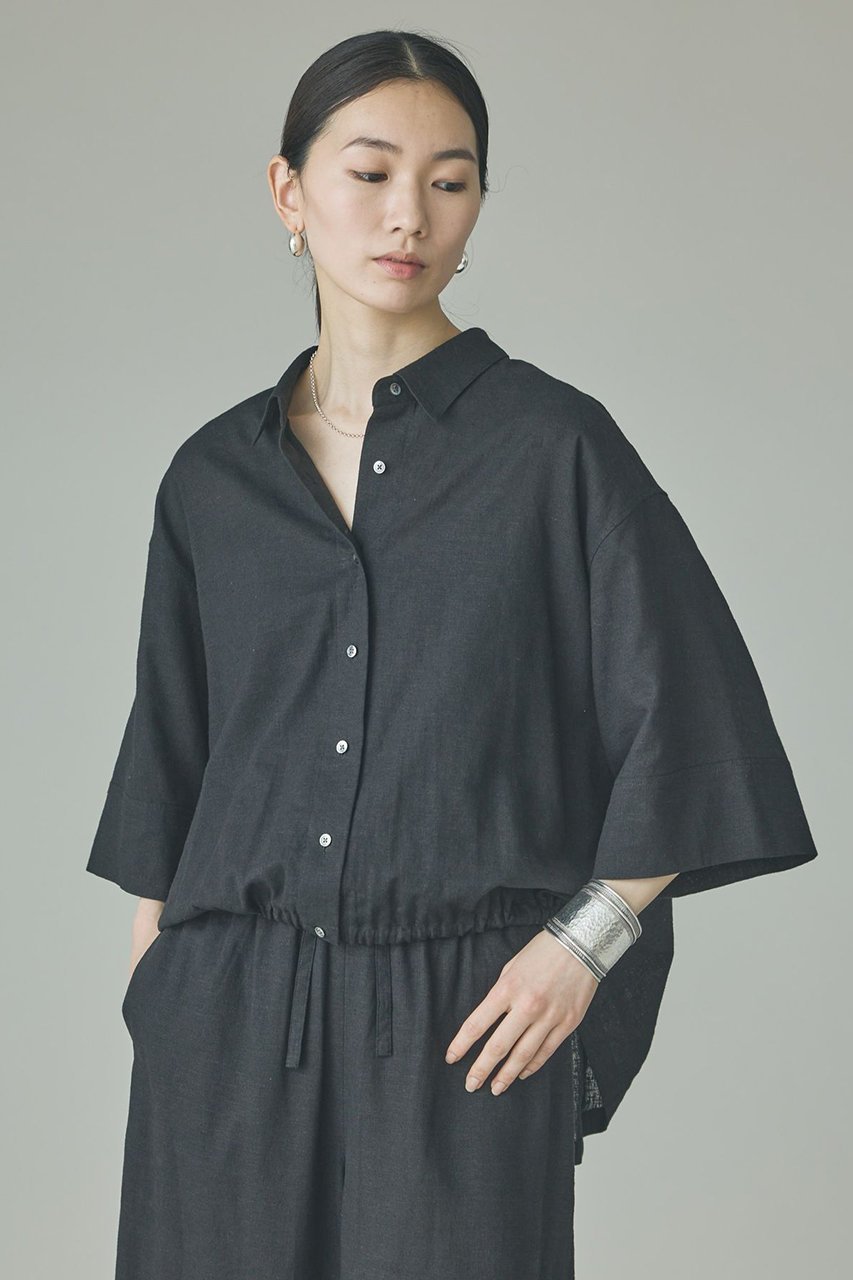 【カレンソロジー/Curensology】のリネンミックスドロストシャツ インテリア・キッズ・メンズ・レディースファッション・服の通販 founy(ファニー) 　ファッション　Fashion　レディースファッション　Fashion for Women　トップス・カットソー　Cut & Sew Tops　シャツ・ブラウス・オフィスカジュアル　Elegant Blouses & Button-Ups　おすすめ　Recommended / Our Picks　ショート　Short, Short Length　ストレッチ　Stretch, Stretchy Fabric　スリーブ　Sleeve, Long Sleeve / Short Sleeve　セットアップ　Set-Up, Coordinated Outfit　フィット　Fit, Slim Fit　リネン　Linen, Linen Fabric　人気　Popular, Best Seller　新作・新入荷　New Arrivals / New In　ブラック|ID: prp329100004942970 ipo3291000000037100467