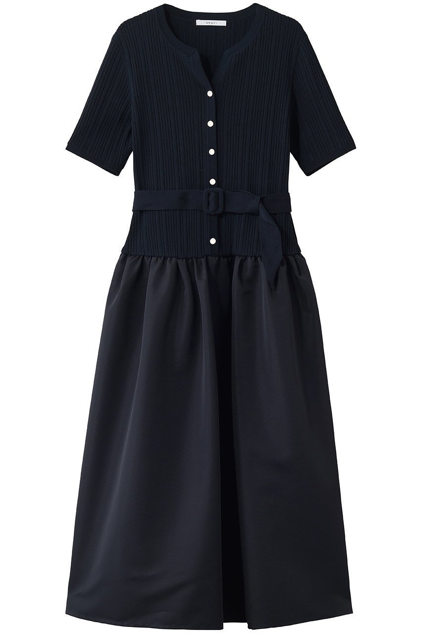 【アナイ/ANAYI】のグログランコンビベルト付ワンピース インテリア・キッズ・メンズ・レディースファッション・服の通販 founy(ファニー) 　ファッション　Fashion　レディースファッション　Fashion for Women　ワンピース　Dresses　チュニック　Tunic Tops & Dresses　ベルト&ウエストマーク　Belts & Waist Accessories　カーディガン　Cardigan, Knitwear　ジャケット　Jacket, Outerwear　チュニック　Tunic, Long Top　ドッキング　Docking, Mixed Material　フレア　Flare, Flared　新作・新入荷　New Arrivals / New In　ネイビー|ID: prp329100004942985 ipo3291000000037100579