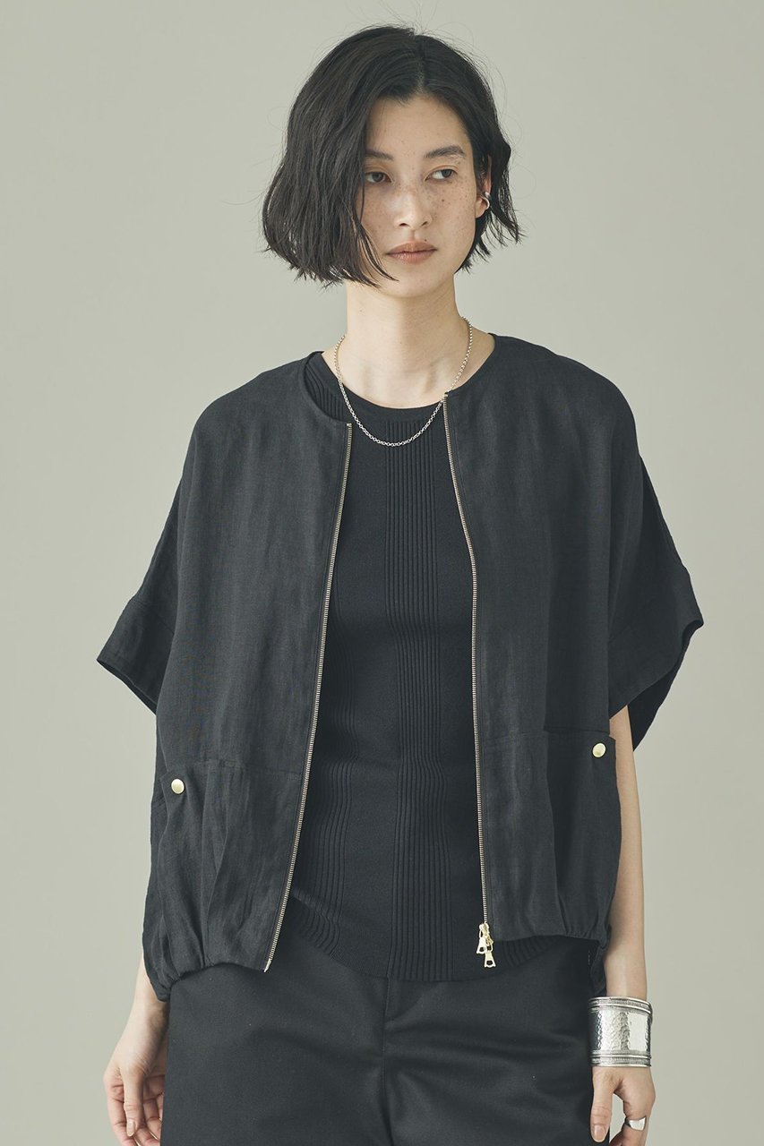 【カレンソロジー/Curensology】のフレンチリネンジップブラウス インテリア・キッズ・メンズ・レディースファッション・服の通販 founy(ファニー) 　ファッション　Fashion　レディースファッション　Fashion for Women　トップス・カットソー　Cut & Sew Tops　シャツ・ブラウス・オフィスカジュアル　Elegant Blouses & Button-Ups　エレガント 上品　Elegant　ショート　Short, Short Length　ジップ　Zip, Zipper　スリーブ　Sleeve, Long Sleeve / Short Sleeve　フレンチ　French, French Style　フロント　Front, Front Design　ブルゾン　Blouson, Bomber Jacket　リネン　Linen, Linen Fabric　ワッシャー　Washer, Crinkled Finish　人気　Popular, Best Seller　今季　This Season, Current Season　半袖　Short Sleeve, Half Sleeve　夏　Summer　新作・新入荷　New Arrivals / New In　春　Spring　S/S・春夏　SS, Spring/Summer, Warm Season　ブラック|ID: prp329100004948294 ipo3291000000037133007