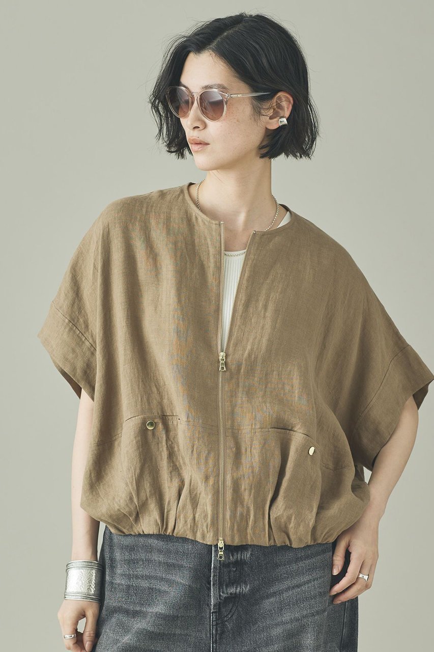 【カレンソロジー/Curensology】のフレンチリネンジップブラウス インテリア・キッズ・メンズ・レディースファッション・服の通販 founy(ファニー) 　ファッション　Fashion　レディースファッション　Fashion for Women　トップス・カットソー　Cut & Sew Tops　シャツ・ブラウス・オフィスカジュアル　Elegant Blouses & Button-Ups　エレガント 上品　Elegant　ショート　Short, Short Length　ジップ　Zip, Zipper　スリーブ　Sleeve, Long Sleeve / Short Sleeve　フレンチ　French, French Style　フロント　Front, Front Design　ブルゾン　Blouson, Bomber Jacket　リネン　Linen, Linen Fabric　ワッシャー　Washer, Crinkled Finish　人気　Popular, Best Seller　今季　This Season, Current Season　半袖　Short Sleeve, Half Sleeve　夏　Summer　新作・新入荷　New Arrivals / New In　春　Spring　S/S・春夏　SS, Spring/Summer, Warm Season　ベージュ|ID: prp329100004948294 ipo3291000000037133008
