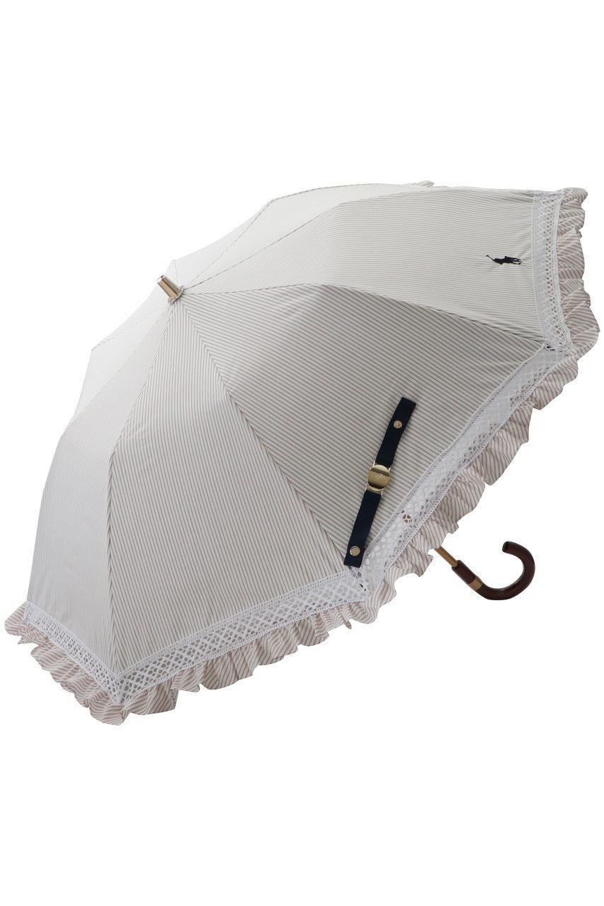 【ポロラルフローレン/POLO RALPH LAUREN】の晴雨兼用 先染めストライプ×フリル楽折傘 インテリア・キッズ・メンズ・レディースファッション・服の通販 founy(ファニー) 　ファッション　Fashion　レディースファッション　Fashion for Women　レイングッズ・傘・晴雨兼用傘　Umbrellas & Rain Gear　ウッド　Wooden Design　ストライプ　Stripe, Striped Pattern　ハンカチ　Handkerchief, Hanky　フリル　Frill, Ruffle　傘　Umbrella, Parasol　夏　Summer　時計　Watch, Wristwatch　ベージュ|ID: prp329100004954934 ipo3291000000037178557