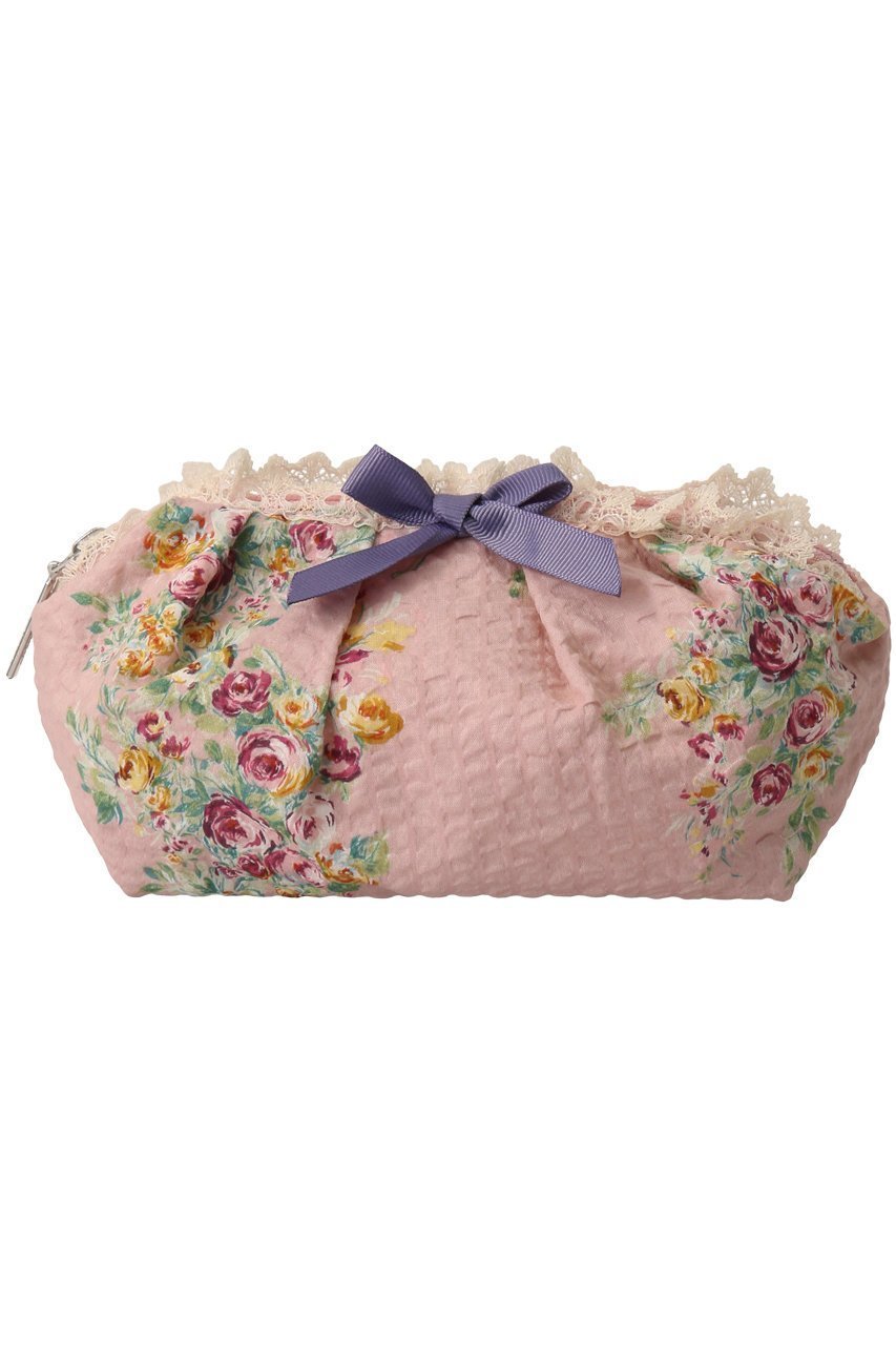 【イクコ/IKUKO】のリップル花柄プリント メイクポーチ インテリア・キッズ・メンズ・レディースファッション・服の通販 founy(ファニー) 　ファッション　Fashion　レディースファッション　Fashion for Women　ポーチ&ミニバッグ　Pouches & Mini Bags　アンティーク　Antique-Inspired　フォルム　Silhouette, Form　プリント　Print, Printed Pattern　ポーチ　Pouch, Small Case　リボン　Ribbon, Bow　レース　Lace, Lace Fabric　ピンク|ID: prp329100004955455 ipo3291000000037182291