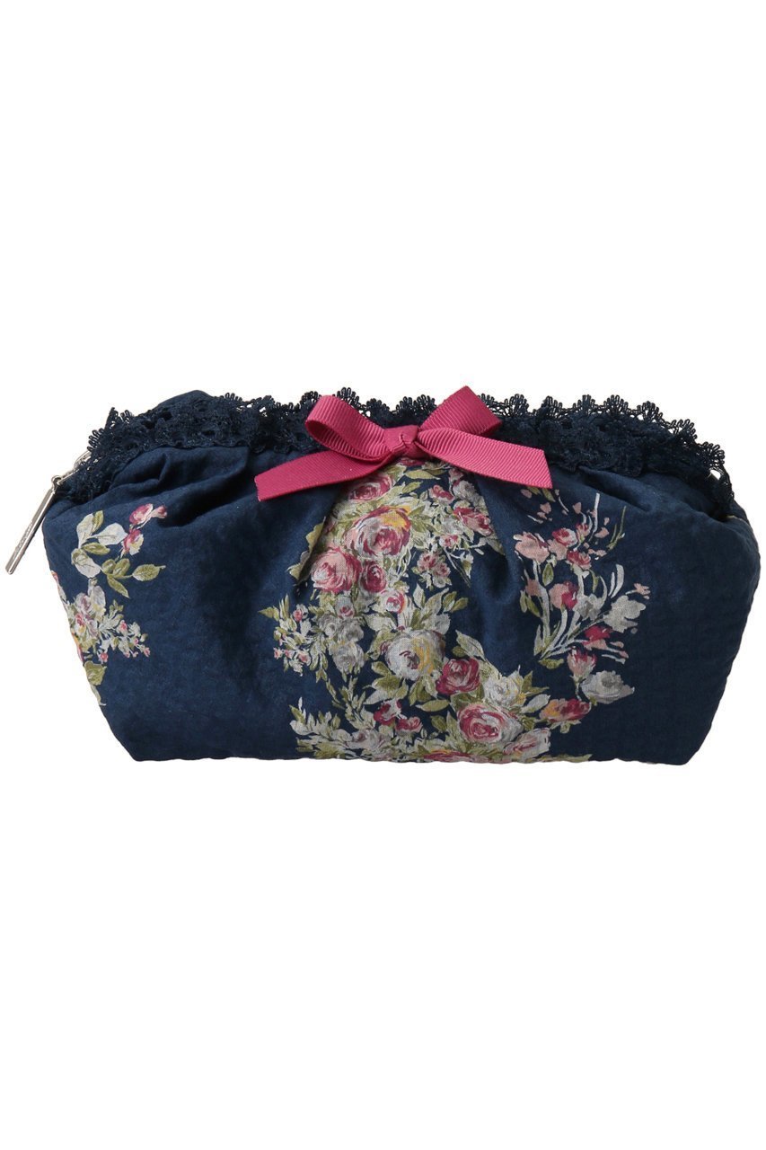 【イクコ/IKUKO】のリップル花柄プリント メイクポーチ インテリア・キッズ・メンズ・レディースファッション・服の通販 founy(ファニー) 　ファッション　Fashion　レディースファッション　Fashion for Women　ポーチ&ミニバッグ　Pouches & Mini Bags　アンティーク　Antique-Inspired　フォルム　Silhouette, Form　プリント　Print, Printed Pattern　ポーチ　Pouch, Small Case　リボン　Ribbon, Bow　レース　Lace, Lace Fabric　ネイビー|ID: prp329100004955455 ipo3291000000037182293