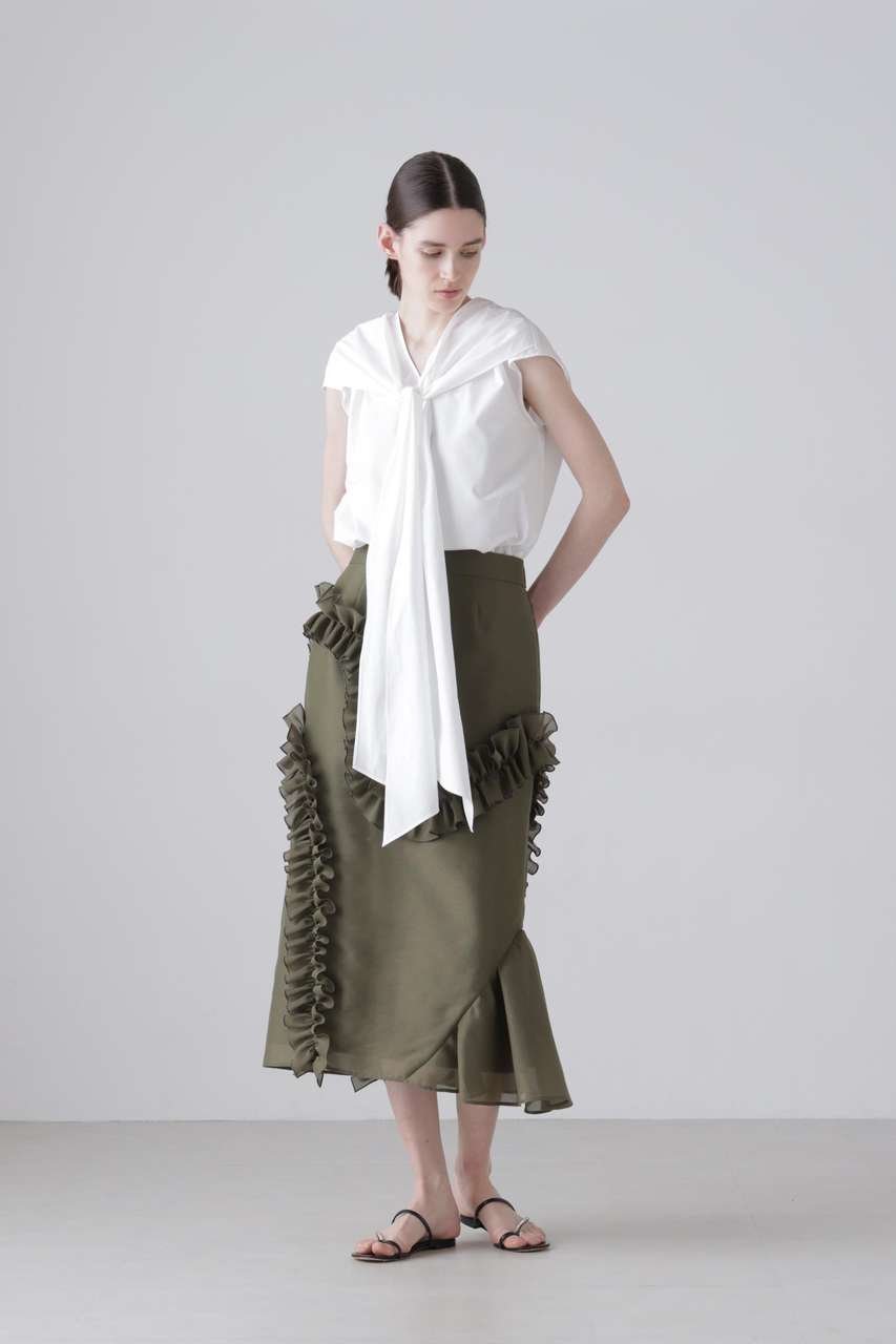 【アドーア/ADORE】のドライタッチオーガンスカート インテリア・キッズ・メンズ・レディースファッション・服の通販 founy(ファニー) 　ファッション　Fashion　レディースファッション　Fashion for Women　スカート　Skirts　ロングスカート　Long Skirts / Maxi & Midi Skirts　アシンメトリー　Asymmetrical Style　オーガンジー　Organza Fabric　フリル　Frill, Ruffle　ミックス　Mix, Mixed Style　ロング　Long, Long-Length　新作・新入荷　New Arrivals / New In　カーキ|ID: prp329100004960075 ipo3291000000037214213