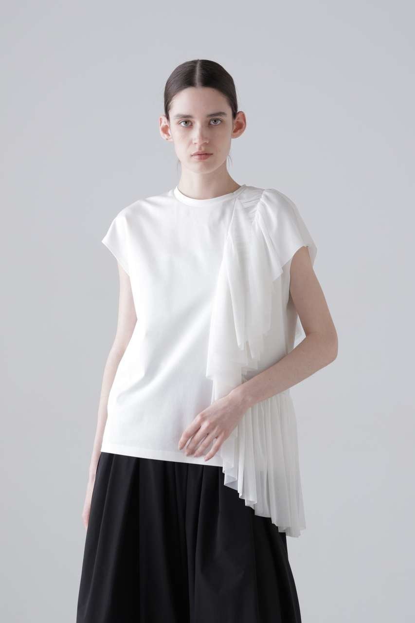 【アドーア/ADORE】のチュールジャージー インテリア・キッズ・メンズ・レディースファッション・服の通販 founy(ファニー) 　ファッション　Fashion　レディースファッション　Fashion for Women　トップス・カットソー　Cut & Sew Tops　シャツ・ブラウス・オフィスカジュアル　Elegant Blouses & Button-Ups　ロングTシャツ・Tシャツ　Longline T-Shirts & Tees　カットソー・ベーシックTシャツ　Cut-and-Sewn Tops / Stretch Tees & Basics　アシンメトリー　Asymmetrical Style　カットソー　Cut and Sewn Top　ギャザー　Gathered, Ruffled　ショート　Short, Short Length　ストレッチ　Stretch, Stretchy Fabric　スリーブ　Sleeve, Long Sleeve / Short Sleeve　チュール　Tulip, Tulip Motif　フリル　Frill, Ruffle　ラッフル　Ruffle, Frill　新作・新入荷　New Arrivals / New In　ホワイト|ID: prp329100004960096 ipo3291000000037214383