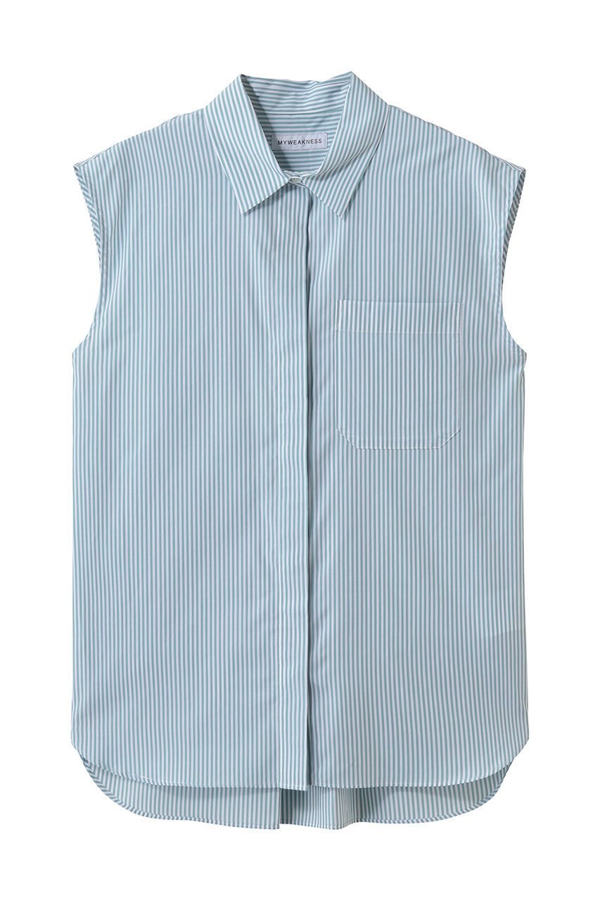 【マイ ウィークネス/MY WEAKNESS】のSigrid Sleeveless Shirt インテリア・キッズ・メンズ・レディースファッション・服の通販 founy(ファニー) 　ファッション　Fashion　レディースファッション　Fashion for Women　トップス・カットソー　Cut & Sew Tops　キャミソール&ノースリーブ　Camisoles & Sleeveless Tops　シャツ・ブラウス・オフィスカジュアル　Elegant Blouses & Button-Ups　ロングTシャツ・Tシャツ　Longline T-Shirts & Tees　カットソー・ベーシックTシャツ　Cut-and-Sewn Tops / Stretch Tees & Basics　キャミソール　Camisole, Spaghetti Strap Top　コンパクト　Compact, Small Size　シンプル　Simple, Minimal　ジャケット　Jacket, Outerwear　タンク　Tank Top, Sleeveless Top　ノースリーブ　Sleeveless, No-Sleeve　エレガント 上品　Elegant　新作・新入荷　New Arrivals / New In　ブルーストライプ|ID: prp329100004960105 ipo3291000000037214459