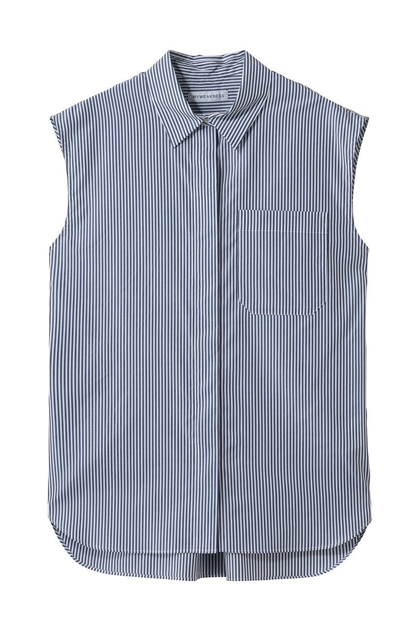 【マイ ウィークネス/MY WEAKNESS】のSigrid Sleeveless Shirt インテリア・キッズ・メンズ・レディースファッション・服の通販 founy(ファニー) 　ファッション　Fashion　レディースファッション　Fashion for Women　トップス・カットソー　Cut & Sew Tops　キャミソール&ノースリーブ　Camisoles & Sleeveless Tops　シャツ・ブラウス・オフィスカジュアル　Elegant Blouses & Button-Ups　ロングTシャツ・Tシャツ　Longline T-Shirts & Tees　カットソー・ベーシックTシャツ　Cut-and-Sewn Tops / Stretch Tees & Basics　キャミソール　Camisole, Spaghetti Strap Top　コンパクト　Compact, Small Size　シンプル　Simple, Minimal　ジャケット　Jacket, Outerwear　タンク　Tank Top, Sleeveless Top　ノースリーブ　Sleeveless, No-Sleeve　エレガント 上品　Elegant　新作・新入荷　New Arrivals / New In　ネイビーストライプ|ID: prp329100004960105 ipo3291000000037214460