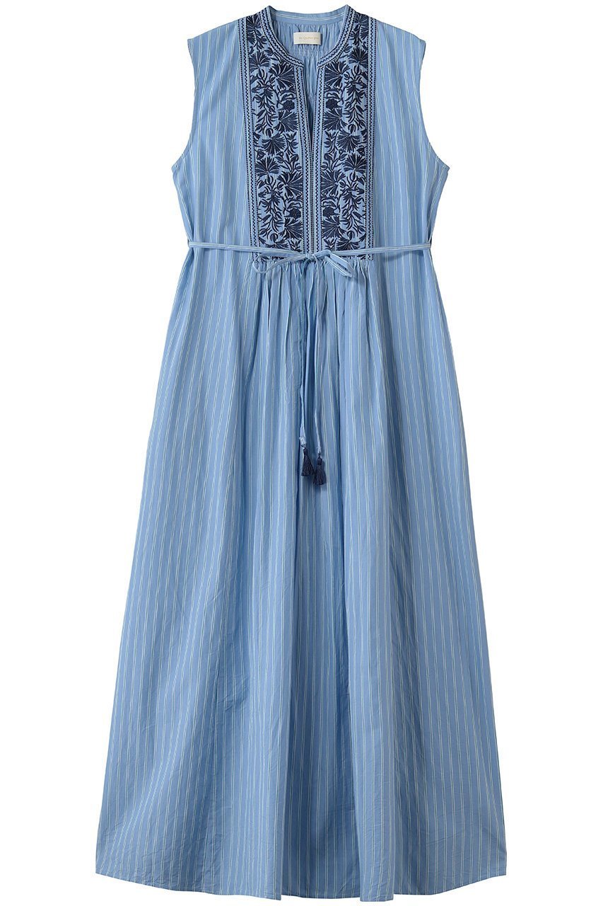 【ヌキテパ/NE QUITTEZ PAS】のPoplin Stripe Flower Embroidery ノースリーブドレス インテリア・キッズ・メンズ・レディースファッション・服の通販 founy(ファニー) 　ファッション　Fashion　レディースファッション　Fashion for Women　ワンピース　Dresses　フォーマル・パーティードレス・結婚式用ドレス　Elegant & Casual Dresses　チュニック　Tunic Tops & Dresses　オケージョン　Occasion Wear　ギャザー　Gathered, Ruffled　ストライプ　Stripe, Striped Pattern　チュニック　Tunic, Long Top　ドレス　Dress, One-Piece　ノースリーブ　Sleeveless, No-Sleeve　ヨーク　Yoke, Yoke Design　ロング　Long, Long-Length　夏　Summer　新作・新入荷　New Arrivals / New In　ブルー|ID: prp329100004963279 ipo3291000000037233567