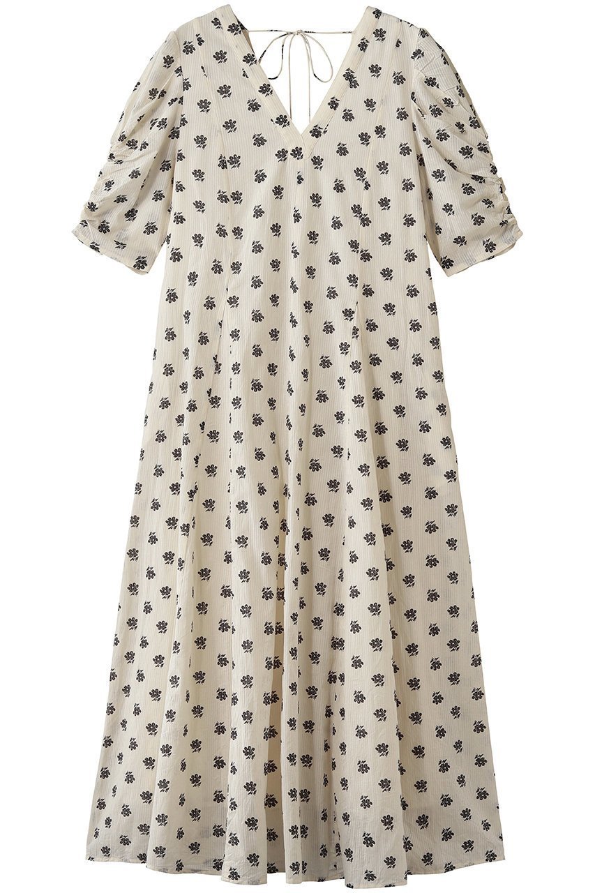 【ヌキテパ/NE QUITTEZ PAS】のCotton Dobby Stripe Anemone Print ギャザースリーブドレス インテリア・キッズ・メンズ・レディースファッション・服の通販 founy(ファニー) 　ファッション　Fashion　レディースファッション　Fashion for Women　ワンピース　Dresses　フォーマル・パーティードレス・結婚式用ドレス　Elegant & Casual Dresses　チュニック　Tunic Tops & Dresses　スリーブ　Sleeve, Long Sleeve / Short Sleeve　チュニック　Tunic, Long Top　ドレス　Dress, One-Piece　フェミニン　Feminine, Girly　プリント　Print, Printed Pattern　リボン　Ribbon, Bow　ロング　Long, Long-Length　新作・新入荷　New Arrivals / New In　エクリュ|ID: prp329100004963301 ipo3291000000037233722