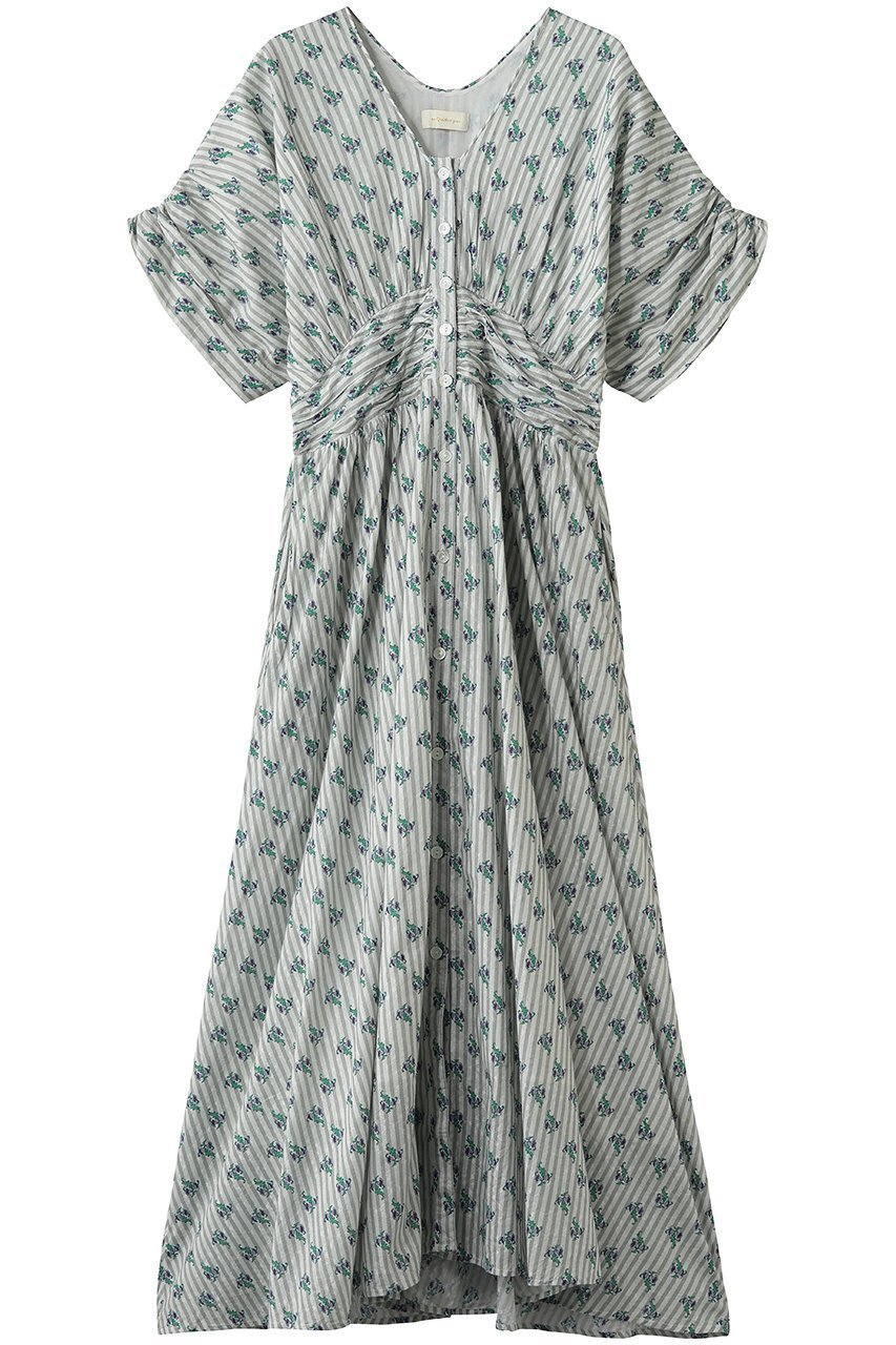 【ヌキテパ/NE QUITTEZ PAS】のCotton Jacquard Stripe Small Flower Print ウエスト ギャザー ドレス インテリア・キッズ・メンズ・レディースファッション・服の通販 founy(ファニー) 　ファッション　Fashion　レディースファッション　Fashion for Women　ワンピース　Dresses　フォーマル・パーティードレス・結婚式用ドレス　Elegant & Casual Dresses　チュニック　Tunic Tops & Dresses　エアリー　Airy Texture　ギャザー　Gathered, Ruffled　サンダル　Sandals, Summer Shoes　ジャカード／ジャガード　Jacquard, Woven Pattern　スニーカー　Sneakers, Trainers　チュニック　Tunic, Long Top　ドレス　Dress, One-Piece　フラワー　Flower, Floral　プリント　Print, Printed Pattern　リゾート　Resort, Vacation Style　ロング　Long, Long-Length　新作・新入荷　New Arrivals / New In　グレー|ID: prp329100004963302 ipo3291000000037233731