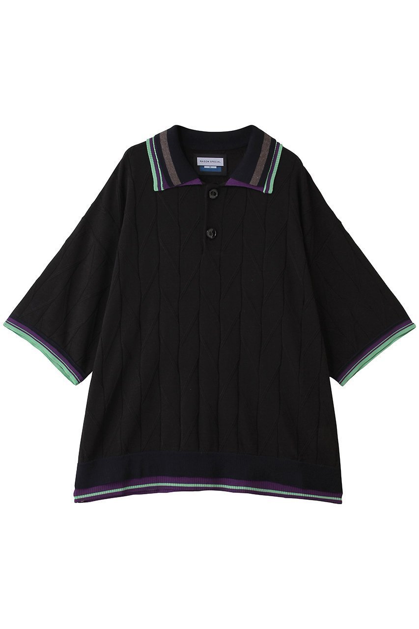 【メゾンスペシャル/MAISON SPECIAL】の【UNISEX】レイヤードライン衿 ジオメトリックニットポロS/S インテリア・キッズ・メンズ・レディースファッション・服の通販 founy(ファニー) 　ファッション　Fashion　レディースファッション　Fashion for Women　トップス・カットソー　Cut & Sew Tops　ニット　Knit Tops & Sweaters　カジュアルプルオーバー・ニットトップス　Pullovers & Knit Tops / Casual Pullovers　ユニセックス　Unisex, Genderless　シアー　Sheer, See-Through　フォルム　Silhouette, Form　リネン　Linen, Linen Fabric　夏　Summer　新作・新入荷　New Arrivals / New In　S/S・春夏　SS, Spring/Summer, Warm Season　BLK(ブラック)|ID: prp329100004963304 ipo3291000000037233746
