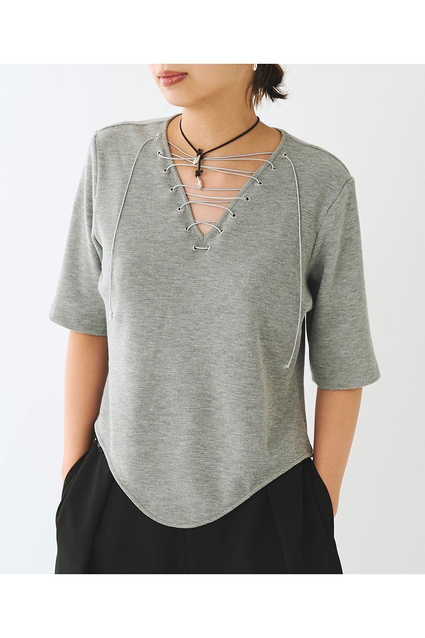 【ウィムガゼット/Whim Gazette】の【Nuition】レースアッププルオーバー インテリア・キッズ・メンズ・レディースファッション・服の通販 founy(ファニー) 　ファッション　Fashion　レディースファッション　Fashion for Women　トップス・カットソー　Cut & Sew Tops　シャツ・ブラウス・オフィスカジュアル　Elegant Blouses & Button-Ups　ロングTシャツ・Tシャツ　Longline T-Shirts & Tees　カジュアルプルオーバー・ニットトップス　Pullovers & Knit Tops / Casual Pullovers　カットソー・ベーシックTシャツ　Cut-and-Sewn Tops / Stretch Tees & Basics　ショート　Short, Short Length　スリーブ　Sleeve, Long Sleeve / Short Sleeve　バランス　Balance, Style Balance　フロント　Front, Front Design　ボトム　Bottoms, Lower Wear　ラウンド　Round, Round Neck　リラックス　Relax, Relaxed Fit　レース　Lace, Lace Fabric　ワイド　Wide, Wide Fit　半袖　Short Sleeve, Half Sleeve　夏　Summer　新作・新入荷　New Arrivals / New In　グレー|ID: prp329100004963333 ipo3291000000037233957