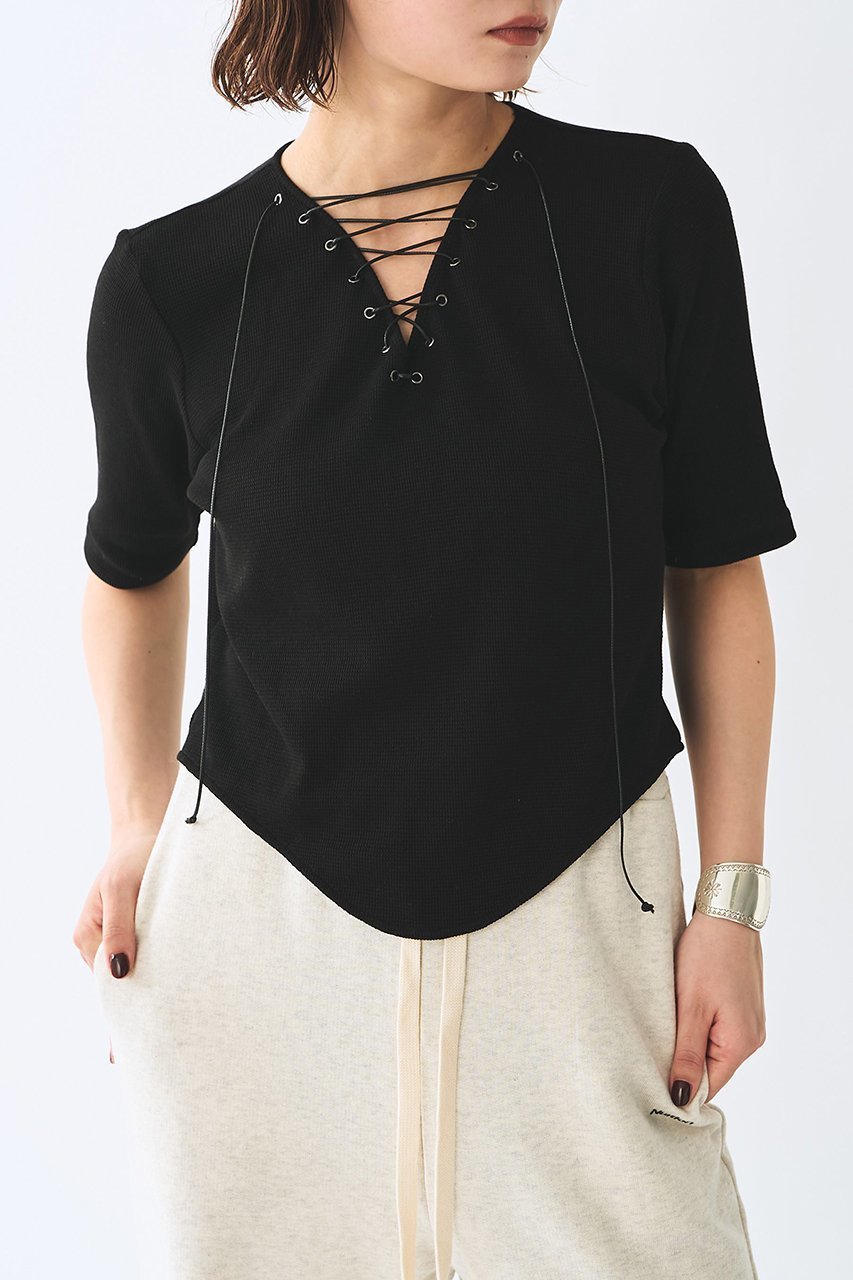 【ウィムガゼット/Whim Gazette】の【Nuition】レースアッププルオーバー インテリア・キッズ・メンズ・レディースファッション・服の通販 founy(ファニー) 　ファッション　Fashion　レディースファッション　Fashion for Women　トップス・カットソー　Cut & Sew Tops　シャツ・ブラウス・オフィスカジュアル　Elegant Blouses & Button-Ups　ロングTシャツ・Tシャツ　Longline T-Shirts & Tees　カジュアルプルオーバー・ニットトップス　Pullovers & Knit Tops / Casual Pullovers　カットソー・ベーシックTシャツ　Cut-and-Sewn Tops / Stretch Tees & Basics　ショート　Short, Short Length　スリーブ　Sleeve, Long Sleeve / Short Sleeve　バランス　Balance, Style Balance　フロント　Front, Front Design　ボトム　Bottoms, Lower Wear　ラウンド　Round, Round Neck　リラックス　Relax, Relaxed Fit　レース　Lace, Lace Fabric　ワイド　Wide, Wide Fit　半袖　Short Sleeve, Half Sleeve　夏　Summer　新作・新入荷　New Arrivals / New In　ブラック|ID: prp329100004963333 ipo3291000000037233958