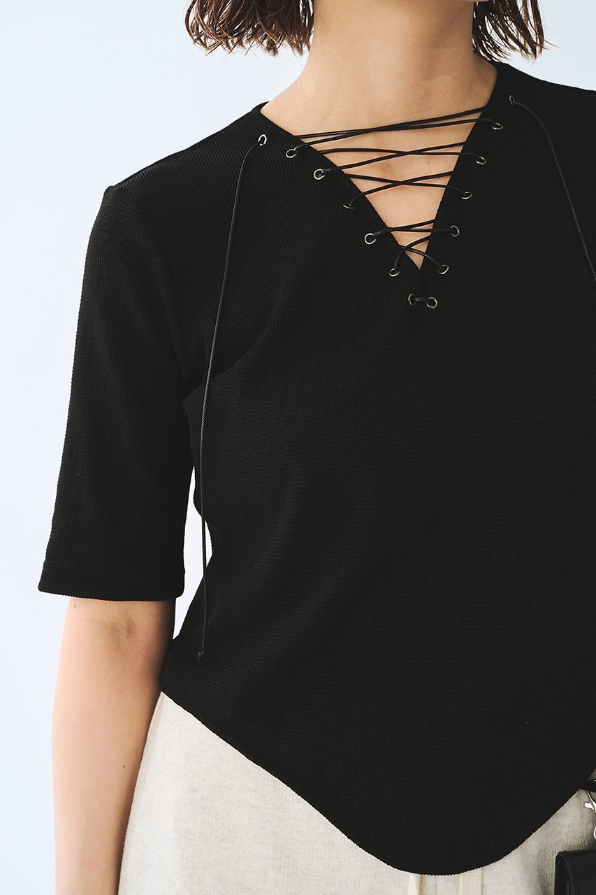 【ウィムガゼット/Whim Gazette】の【Nuition】レースアッププルオーバー 人気、トレンドファッション・服の通販 founy(ファニー) 　ファッション　Fashion　レディースファッション　Fashion for Women　トップス・カットソー　Cut & Sew Tops　シャツ・ブラウス・オフィスカジュアル　Elegant Blouses & Button-Ups　ロングTシャツ・Tシャツ　Longline T-Shirts & Tees　カジュアルプルオーバー・ニットトップス　Pullovers & Knit Tops / Casual Pullovers　カットソー・ベーシックTシャツ　Cut-and-Sewn Tops / Stretch Tees & Basics　ショート　Short, Short Length　スリーブ　Sleeve, Long Sleeve / Short Sleeve　バランス　Balance, Style Balance　フロント　Front, Front Design　ボトム　Bottoms, Lower Wear　ラウンド　Round, Round Neck　リラックス　Relax, Relaxed Fit　レース　Lace, Lace Fabric　ワイド　Wide, Wide Fit　半袖　Short Sleeve, Half Sleeve　夏　Summer　新作・新入荷　New Arrivals / New In　other-6|ID: prp329100004963333 ipo3291000000037233963