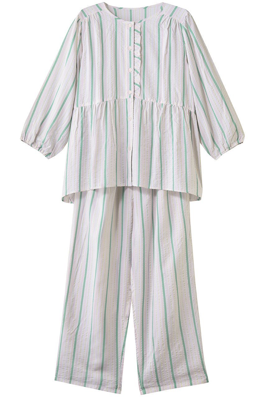 【キッドブルー/KID BLUE】の26CRサッカーストライプパジャマ インテリア・キッズ・メンズ・レディースファッション・服の通販 founy(ファニー) 　ファッション　Fashion　レディースファッション　Fashion for Women　トップス・カットソー　Cut & Sew Tops　お家時間・ステイホーム　Stay Home / At Home　サッカー　Seersucker, Summer Fabric　ストライプ　Stripe, Striped Pattern　パジャマ　Pajamas, Sleepwear　フェミニン　Feminine, Girly　フリル　Frill, Ruffle　ペプラム　Peplum, Flared Hem　夏　Summer　新作・新入荷　New Arrivals / New In　ピンク|ID: prp329100004963561 ipo3291000000037242528