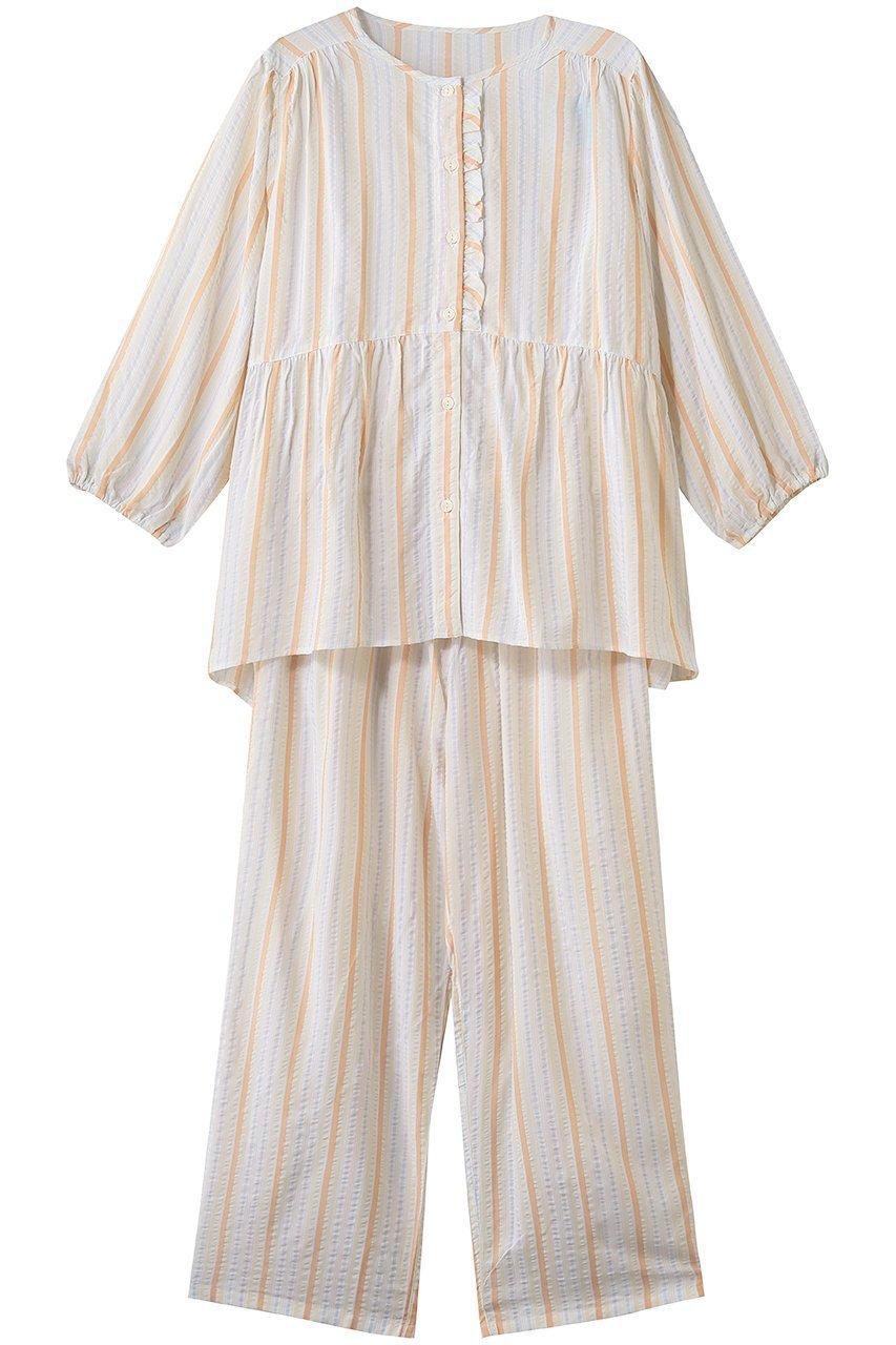 【キッドブルー/KID BLUE】の26CRサッカーストライプパジャマ インテリア・キッズ・メンズ・レディースファッション・服の通販 founy(ファニー) 　ファッション　Fashion　レディースファッション　Fashion for Women　トップス・カットソー　Cut & Sew Tops　お家時間・ステイホーム　Stay Home / At Home　サッカー　Seersucker, Summer Fabric　ストライプ　Stripe, Striped Pattern　パジャマ　Pajamas, Sleepwear　フェミニン　Feminine, Girly　フリル　Frill, Ruffle　ペプラム　Peplum, Flared Hem　夏　Summer　新作・新入荷　New Arrivals / New In　イエロー|ID: prp329100004963561 ipo3291000000037242531