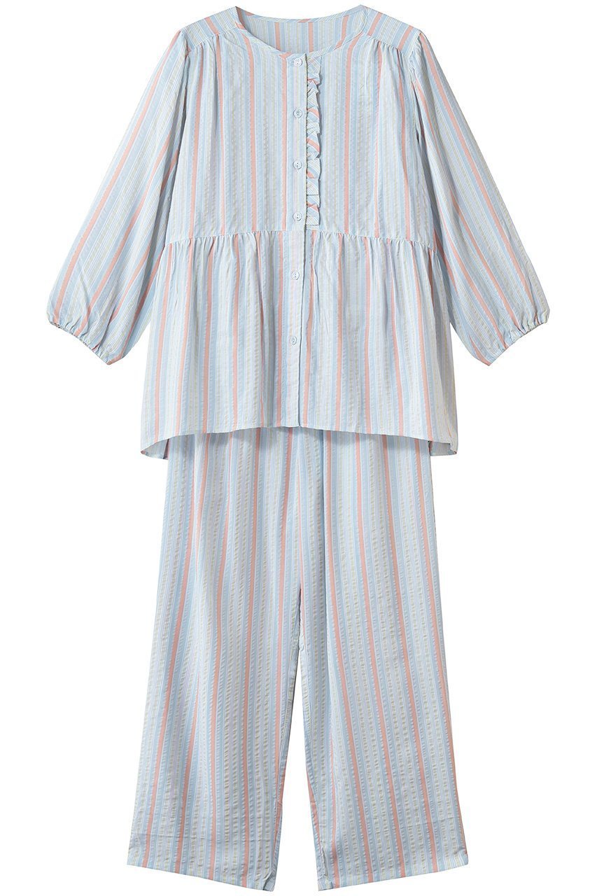 【キッドブルー/KID BLUE】の26CRサッカーストライプパジャマ インテリア・キッズ・メンズ・レディースファッション・服の通販 founy(ファニー) 　ファッション　Fashion　レディースファッション　Fashion for Women　トップス・カットソー　Cut & Sew Tops　お家時間・ステイホーム　Stay Home / At Home　サッカー　Seersucker, Summer Fabric　ストライプ　Stripe, Striped Pattern　パジャマ　Pajamas, Sleepwear　フェミニン　Feminine, Girly　フリル　Frill, Ruffle　ペプラム　Peplum, Flared Hem　夏　Summer　新作・新入荷　New Arrivals / New In　サックス|ID: prp329100004963561 ipo3291000000037242534