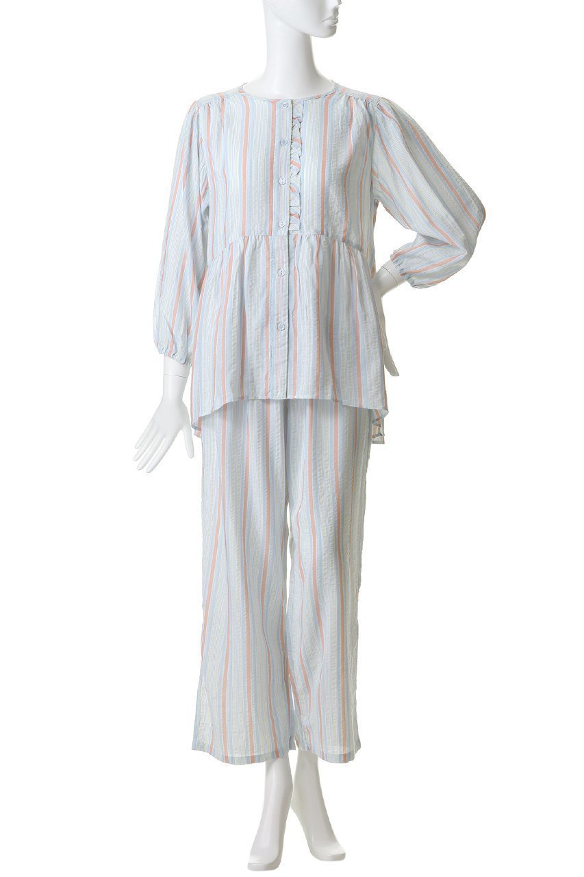 【キッドブルー/KID BLUE】の26CRサッカーストライプパジャマ 大人の最旬トレンドファッション＆コーディネート founy(ファウニー) 　ファッション　Fashion　レディースファッション　Fashion for Women　トップス・カットソー　Cut & Sew Tops　お家時間・ステイホーム　Stay Home / At Home　サッカー　Seersucker, Summer Fabric　ストライプ　Stripe, Striped Pattern　パジャマ　Pajamas, Sleepwear　フェミニン　Feminine, Girly　フリル　Frill, Ruffle　ペプラム　Peplum, Flared Hem　夏　Summer　新作・新入荷　New Arrivals / New In　other-2|ID: prp329100004963561 ipo3291000000037242536