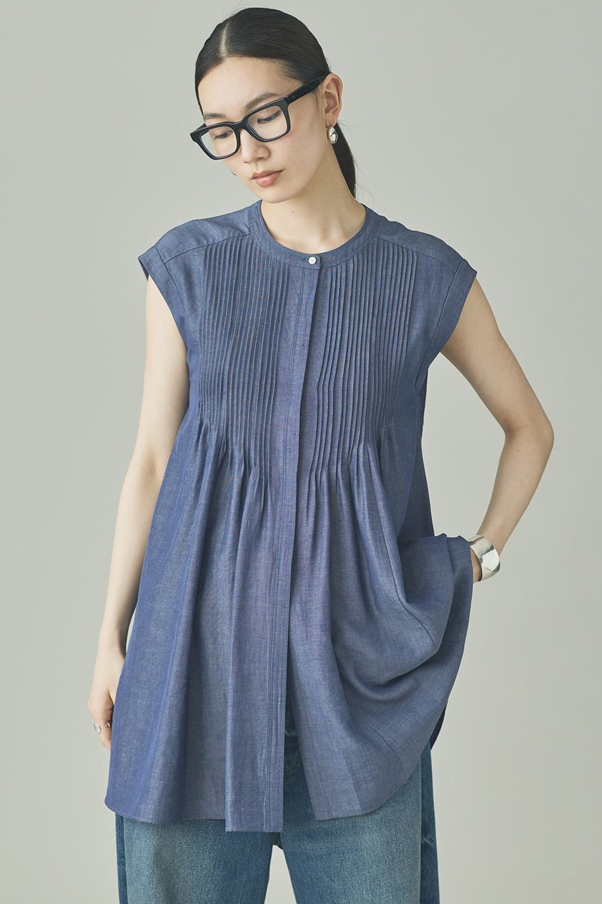 【カレンソロジー/Curensology】のリネンミックスシャンブレーブラウス インテリア・キッズ・メンズ・レディースファッション・服の通販 founy(ファウニー) 　ファッション　Fashion　レディースファッション　Fashion for Women　トップス・カットソー　Cut & Sew Tops　シャツ・ブラウス・オフィスカジュアル　Elegant Blouses & Button-Ups　おすすめ　Recommended / Our Picks　カッティング　Cutting Detail　シャンブレー　Chambray, Denim-Like Fabric　ショート　Short, Short Length　スリーブ　Sleeve, Long Sleeve / Short Sleeve　フレア　Flare, Flared　ボトム　Bottoms, Lower Wear　ワイド　Wide, Wide Fit　エレガント 上品　Elegant　新作・新入荷　New Arrivals / New In　ブルー|ID: prp329100004963704 ipo3291000000037243691