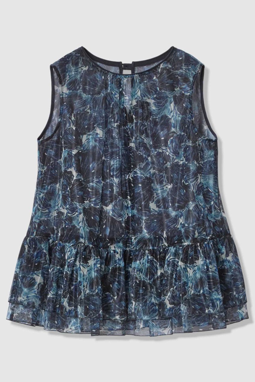 【アナイ/ANAYI】のMoon Shell プリントティアードブラウス インテリア・キッズ・メンズ・レディースファッション・服の通販 founy(ファウニー) 　ファッション　Fashion　レディースファッション　Fashion for Women　トップス・カットソー　Cut & Sew Tops　キャミソール&ノースリーブ　Camisoles & Sleeveless Tops　シャツ・ブラウス・オフィスカジュアル　Elegant Blouses & Button-Ups　コレクション　Collection, Seasonal Line　軽量　Lightweight, Ultra Light　サマー　Summer, Summer Style　チュール　Tulip, Tulip Motif　ノースリーブ　Sleeveless, No-Sleeve　プリント　Print, Printed Pattern　無地　Plain, Solid Color　ラグジュアリー　Luxury, Elegant　夏　Summer　新作・新入荷　New Arrivals / New In　ブルー|ID: prp329100004971222 ipo3291000000037279857