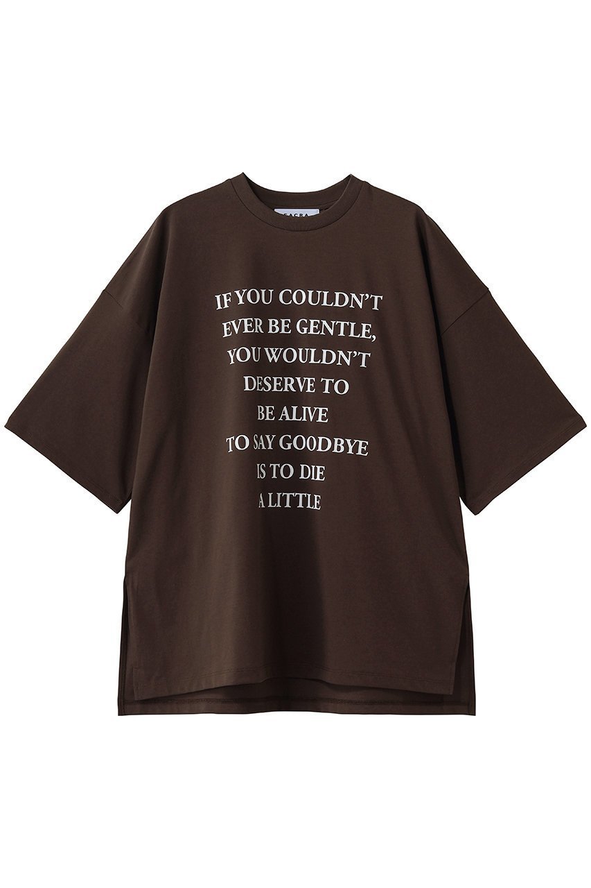 【サクラ/SACRA】のコットンプリントカットソー インテリア・キッズ・メンズ・レディースファッション・服の通販 founy(ファウニー) 　ファッション　Fashion　レディースファッション　Fashion for Women　トップス・カットソー　Cut & Sew Tops　シャツ・ブラウス・オフィスカジュアル　Elegant Blouses & Button-Ups　ロングTシャツ・Tシャツ　Longline T-Shirts & Tees　カットソー・ベーシックTシャツ　Cut-and-Sewn Tops / Stretch Tees & Basics　クール　Cool, Chic　サテン　Satin, Glossy Fabric　ショート　Short, Short Length　シルク　Silk, 100% Silk　スリーブ　Sleeve, Long Sleeve / Short Sleeve　センター　Center, Center Line　ボトム　Bottoms, Lower Wear　マニッシュ　Mannish, Boyish　ワイド　Wide, Wide Fit　新作・新入荷　New Arrivals / New In　ブラウン|ID: prp329100004971265 ipo3291000000037280089