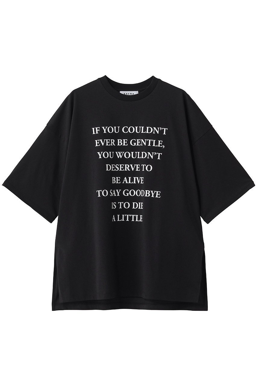 【サクラ/SACRA】のコットンプリントカットソー インテリア・キッズ・メンズ・レディースファッション・服の通販 founy(ファウニー) 　ファッション　Fashion　レディースファッション　Fashion for Women　トップス・カットソー　Cut & Sew Tops　シャツ・ブラウス・オフィスカジュアル　Elegant Blouses & Button-Ups　ロングTシャツ・Tシャツ　Longline T-Shirts & Tees　カットソー・ベーシックTシャツ　Cut-and-Sewn Tops / Stretch Tees & Basics　クール　Cool, Chic　サテン　Satin, Glossy Fabric　ショート　Short, Short Length　シルク　Silk, 100% Silk　スリーブ　Sleeve, Long Sleeve / Short Sleeve　センター　Center, Center Line　ボトム　Bottoms, Lower Wear　マニッシュ　Mannish, Boyish　ワイド　Wide, Wide Fit　新作・新入荷　New Arrivals / New In　ブラック|ID: prp329100004971265 ipo3291000000037280091