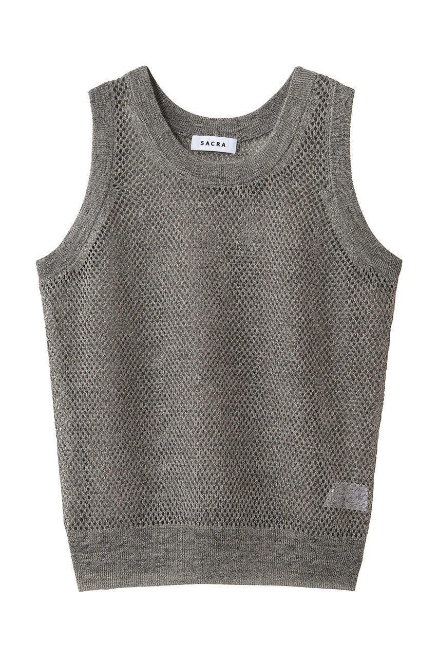 【サクラ/SACRA】のグロッシーリネンオープンワークノースリーブ インテリア・キッズ・メンズ・レディースファッション・服の通販 founy(ファウニー) 　ファッション　Fashion　レディースファッション　Fashion for Women　トップス・カットソー　Cut & Sew Tops　キャミソール&ノースリーブ　Camisoles & Sleeveless Tops　シャツ・ブラウス・オフィスカジュアル　Elegant Blouses & Button-Ups　シアー　Sheer, See-Through　シンプル　Simple, Minimal　ジャケット　Jacket, Outerwear　タンク　Tank Top, Sleeveless Top　ノースリーブ　Sleeveless, No-Sleeve　マニッシュ　Mannish, Boyish　メッシュ　Mesh, Net Fabric　リネン　Linen, Linen Fabric　新作・新入荷　New Arrivals / New In　グレー|ID: prp329100004971269 ipo3291000000037280115