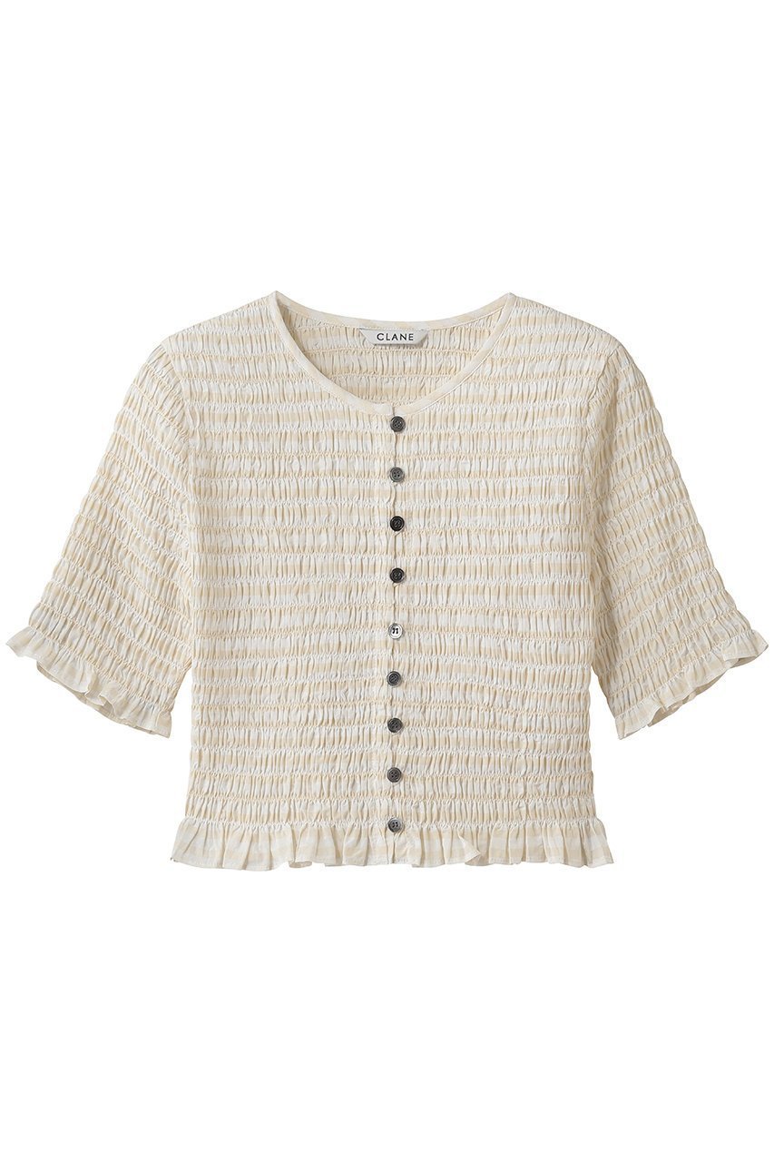 【クラネ/CLANE】のSHIRRING HALF SLEEVE BLOUSE 大人の最旬トレンドファッション＆コーディネート founy(ファウニー) 　ファッション　Fashion　レディースファッション　Fashion for Women　トップス・カットソー　Cut & Sew Tops　シャツ・ブラウス・オフィスカジュアル　Elegant Blouses & Button-Ups　おすすめ　Recommended / Our Picks　クロップド　Cropped, Short Length　シャーリング　Shirring, Ruched　ショート　Short, Short Length　スリーブ　Sleeve, Long Sleeve / Short Sleeve　フィット　Fit, Slim Fit　フリル　Frill, Ruffle　新作・新入荷　New Arrivals / New In　羽織　Haori, Light Jacket　 other-1|ID: prp329100004985299 ipo3291000000037343476