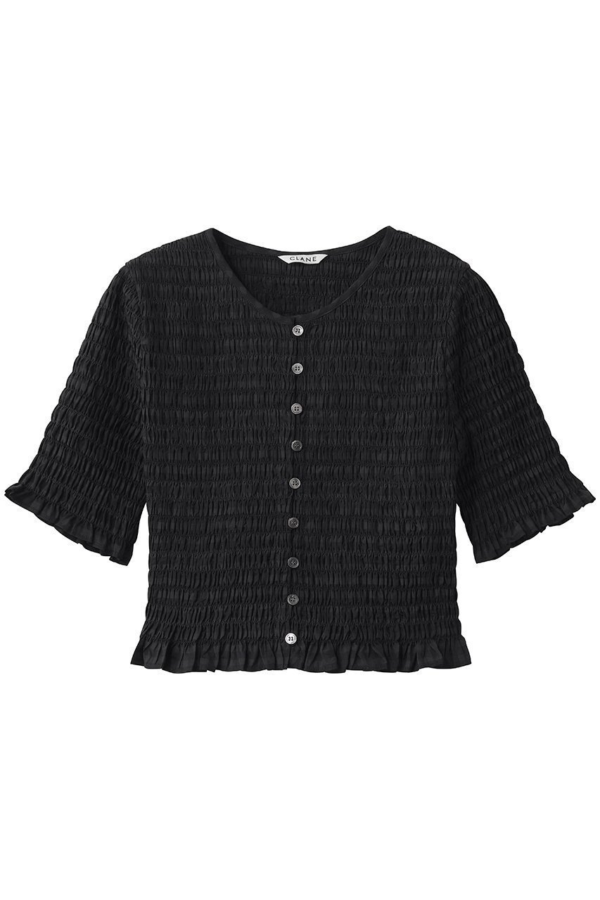 【クラネ/CLANE】のSHIRRING HALF SLEEVE BLOUSE インテリア・キッズ・メンズ・レディースファッション・服の通販 founy(ファウニー) 　ファッション　Fashion　レディースファッション　Fashion for Women　トップス・カットソー　Cut & Sew Tops　シャツ・ブラウス・オフィスカジュアル　Elegant Blouses & Button-Ups　おすすめ　Recommended / Our Picks　クロップド　Cropped, Short Length　シャーリング　Shirring, Ruched　ショート　Short, Short Length　スリーブ　Sleeve, Long Sleeve / Short Sleeve　フィット　Fit, Slim Fit　フリル　Frill, Ruffle　新作・新入荷　New Arrivals / New In　羽織　Haori, Light Jacket　BLACK|ID: prp329100004985299 ipo3291000000037343478