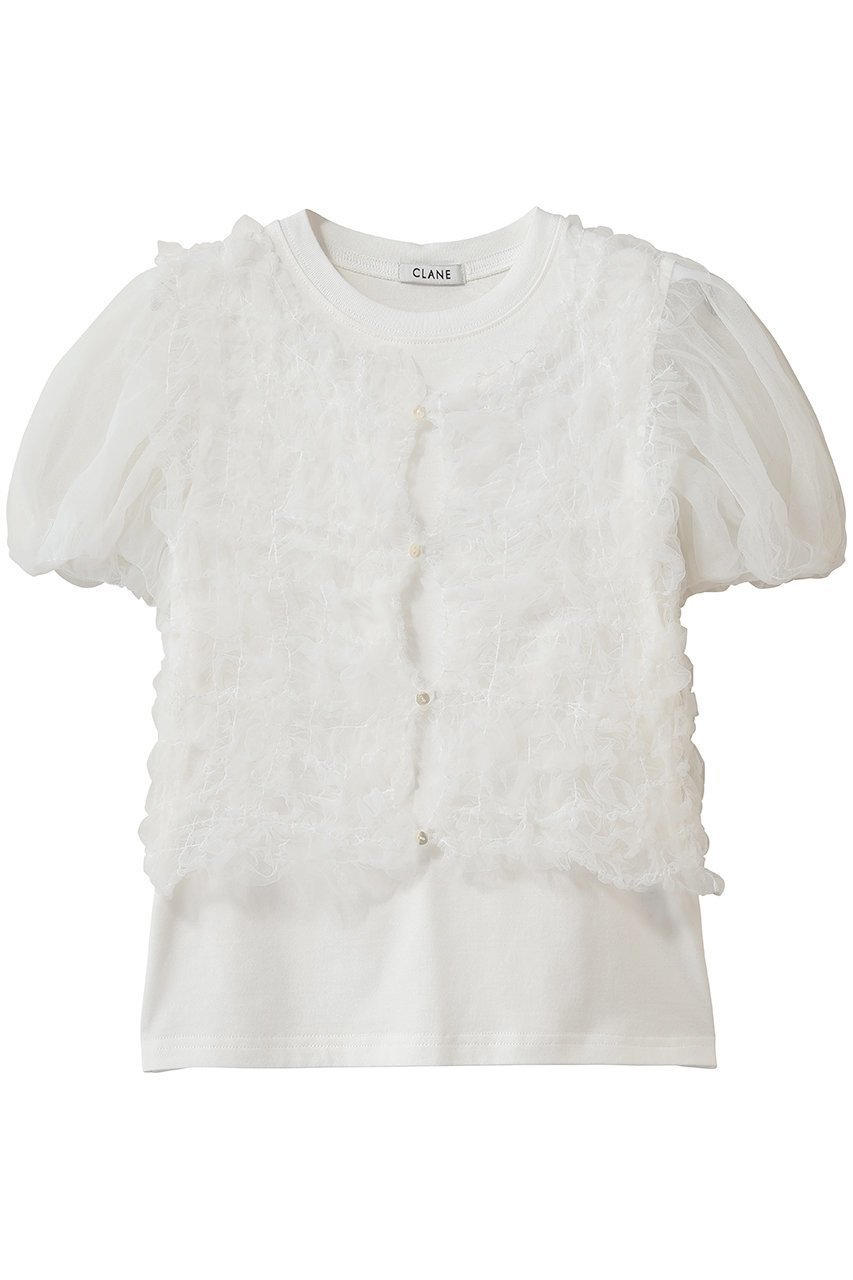 【クラネ/CLANE】のTULLE VEST LAYERED TOPS インテリア・キッズ・メンズ・レディースファッション・服の通販 founy(ファウニー) 　ファッション　Fashion　レディースファッション　Fashion for Women　アウター　Coat / Outerwear Collection　トップス・カットソー　Cut & Sew Tops　シャツ・ブラウス・オフィスカジュアル　Elegant Blouses & Button-Ups　ロングTシャツ・Tシャツ　Longline T-Shirts & Tees　ベスト&ジレ / 重ね着スタイル　Vests & Gilets　カットソー・ベーシックTシャツ　Cut-and-Sewn Tops / Stretch Tees & Basics　シャーリング　Shirring, Ruched　ショート　Short, Short Length　シンプル　Simple, Minimal　スリーブ　Sleeve, Long Sleeve / Short Sleeve　チュール　Tulip, Tulip Motif　バランス　Balance, Style Balance　フィット　Fit, Slim Fit　ベスト　Vest, Waistcoat　ランダム　Random, Irregular　エレガント 上品　Elegant　新作・新入荷　New Arrivals / New In　WHITE|ID: prp329100004985343 ipo3291000000037343801