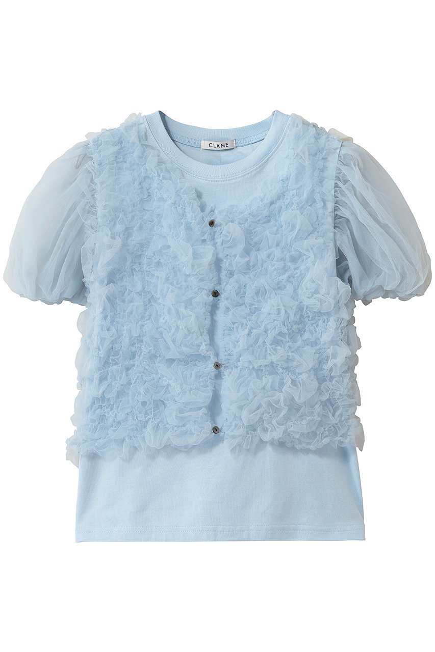【クラネ/CLANE】のTULLE VEST LAYERED TOPS インテリア・キッズ・メンズ・レディースファッション・服の通販 founy(ファウニー) 　ファッション　Fashion　レディースファッション　Fashion for Women　アウター　Coat / Outerwear Collection　トップス・カットソー　Cut & Sew Tops　シャツ・ブラウス・オフィスカジュアル　Elegant Blouses & Button-Ups　ロングTシャツ・Tシャツ　Longline T-Shirts & Tees　ベスト&ジレ / 重ね着スタイル　Vests & Gilets　カットソー・ベーシックTシャツ　Cut-and-Sewn Tops / Stretch Tees & Basics　シャーリング　Shirring, Ruched　ショート　Short, Short Length　シンプル　Simple, Minimal　スリーブ　Sleeve, Long Sleeve / Short Sleeve　チュール　Tulip, Tulip Motif　バランス　Balance, Style Balance　フィット　Fit, Slim Fit　ベスト　Vest, Waistcoat　ランダム　Random, Irregular　エレガント 上品　Elegant　新作・新入荷　New Arrivals / New In　BLUE|ID: prp329100004985343 ipo3291000000037343802