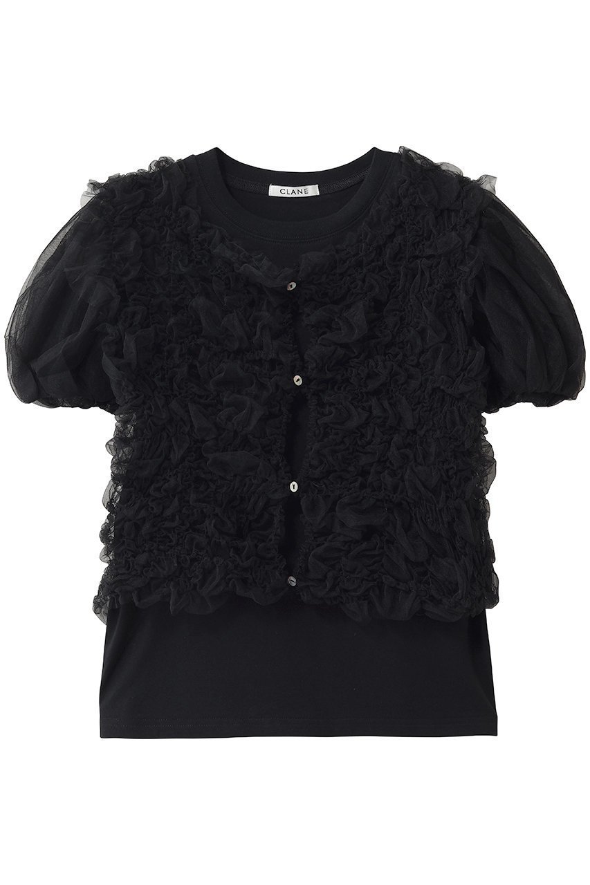 【クラネ/CLANE】のTULLE VEST LAYERED TOPS インテリア・キッズ・メンズ・レディースファッション・服の通販 founy(ファウニー) 　ファッション　Fashion　レディースファッション　Fashion for Women　アウター　Coat / Outerwear Collection　トップス・カットソー　Cut & Sew Tops　シャツ・ブラウス・オフィスカジュアル　Elegant Blouses & Button-Ups　ロングTシャツ・Tシャツ　Longline T-Shirts & Tees　ベスト&ジレ / 重ね着スタイル　Vests & Gilets　カットソー・ベーシックTシャツ　Cut-and-Sewn Tops / Stretch Tees & Basics　シャーリング　Shirring, Ruched　ショート　Short, Short Length　シンプル　Simple, Minimal　スリーブ　Sleeve, Long Sleeve / Short Sleeve　チュール　Tulip, Tulip Motif　バランス　Balance, Style Balance　フィット　Fit, Slim Fit　ベスト　Vest, Waistcoat　ランダム　Random, Irregular　エレガント 上品　Elegant　新作・新入荷　New Arrivals / New In　BLACK|ID: prp329100004985343 ipo3291000000037343803