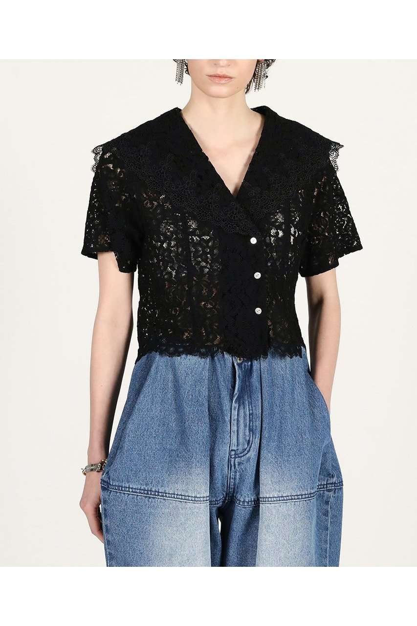 【プランク プロジェクト/PRANK PROJECT】のスカラップレースセーラーシャツ / Scallop Lace Sailor Shirt インテリア・キッズ・メンズ・レディースファッション・服の通販 founy(ファウニー) 　ファッション　Fashion　レディースファッション　Fashion for Women　トップス・カットソー　Cut & Sew Tops　シャツ・ブラウス・オフィスカジュアル　Elegant Blouses & Button-Ups　おすすめ　Recommended / Our Picks　オケージョン　Occasion Wear　クラシック　Classic, Timeless Style　ショート　Short, Short Length　スカラップ　Scallop, Scalloped Edge　スリーブ　Sleeve, Long Sleeve / Short Sleeve　バランス　Balance, Style Balance　レース　Lace, Lace Fabric　新作・新入荷　New Arrivals / New In　BLK(ブラック)|ID: prp329100004992218 ipo3291000000037386737