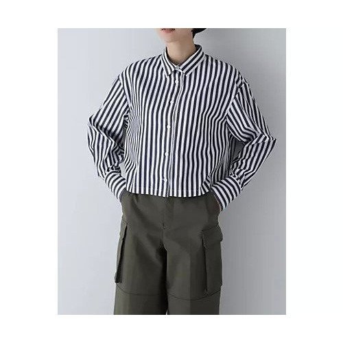 【ヒューマンウーマン/HUMAN WOMAN】のショート丈シャツ インテリア・キッズ・メンズ・レディースファッション・服の通販 founy(ファニー) 　ファッション　Fashion　レディースファッション　Fashion for Women　トップス・カットソー　Cut & Sew Tops　シャツ・ブラウス・オフィスカジュアル　Elegant Blouses & Button-Ups　おすすめ　Recommended / Our Picks　オレンジ　Orange　カフス　Cuff Design　コンパクト　Compact, Small Size　ショート　Short, Short Length　スタンダード　Standard, Basic　ストライプ　Stripe, Striped Pattern　トレンド　Trend, Trending Now　バランス　Balance, Style Balance　ブルゾン　Blouson, Bomber Jacket　ブロード　Broadcloth, Fine Cotton　ベーシック　Basic, Essential　ボトム　Bottoms, Lower Wear　無地　Plain, Solid Color　長袖　Long Sleeve, Full Sleeve　ネイビーストライプ|ID: prp329100003578990 ipo3291000000034922417