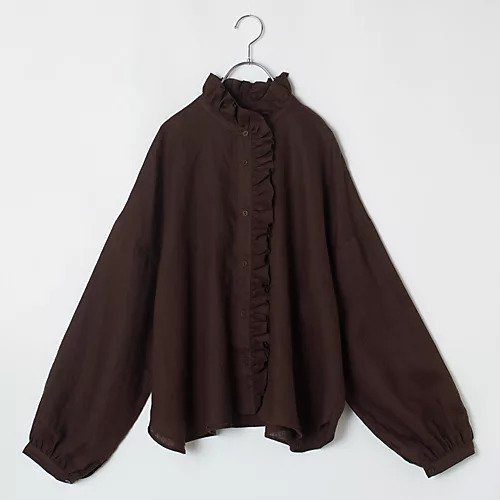 【トゥエルブクローゼット/12closet】の【石上美津江さんコラボ】【洗える】リネンフリルブラウス インテリア・キッズ・メンズ・レディースファッション・服の通販 founy(ファニー) 　ファッション　Fashion　レディースファッション　Fashion for Women　トップス・カットソー　Cut & Sew Tops　シャツ・ブラウス・オフィスカジュアル　Elegant Blouses & Button-Ups　コラボ　Collaboration, Collab　シャンブレー　Chambray, Denim-Like Fabric　スタンド　Stand Collar, Upright Stand　フリル　Frill, Ruffle　ベーシック　Basic, Essential　リネン　Linen, Linen Fabric　洗える　Machine Washable　ブラウン|ID: prp329100003704369 ipo3291000000033286464