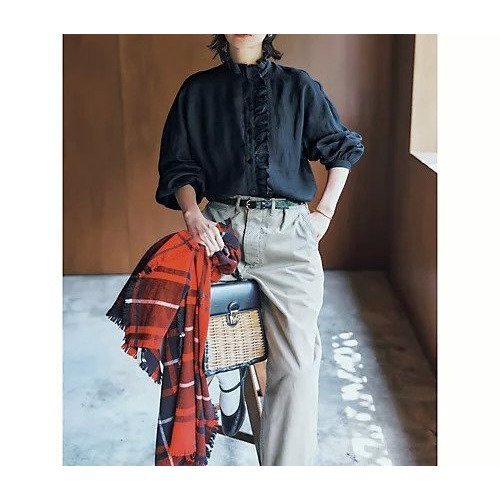【トゥエルブクローゼット/12closet】の【石上美津江さんコラボ】【洗える】リネンフリルブラウス 人気、トレンドファッション・服の通販 founy(ファニー) 　ファッション　Fashion　レディースファッション　Fashion for Women　トップス・カットソー　Cut & Sew Tops　シャツ・ブラウス・オフィスカジュアル　Elegant Blouses & Button-Ups　洗える　Machine Washable　秋　Autumn　コラボ　Collaboration, Collab　12月号　December Issue　ジャケット　Jacket, Outerwear　スタンド　Stand Collar, Upright Stand　ストライプ　Stripe, Striped Pattern　フリル　Frill, Ruffle　リネン　Linen, Linen Fabric　冬　Winter / This Winter　エレガント 上品　Elegant　other-2|ID: prp329100003704369 ipo3291000000034092387