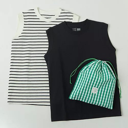 【トゥエルブクローゼット/12closet】の【洗える】大人に似合う・巾着つき USAコットンノースリーブTシャツ(2枚入り) インテリア・キッズ・メンズ・レディースファッション・服の通販 founy(ファニー) 　ファッション　Fashion　レディースファッション　Fashion for Women　トップス・カットソー　Cut & Sew Tops　キャミソール&ノースリーブ　Camisoles & Sleeveless Tops　シャツ・ブラウス・オフィスカジュアル　Elegant Blouses & Button-Ups　ロングTシャツ・Tシャツ　Longline T-Shirts & Tees　キャミソール　Camisole, Spaghetti Strap Top　ギンガム　Gingham, Gingham Fabric　チェック　Check, Plaid, Tartan　ノースリーブ　Sleeveless, No-Sleeve　バランス　Balance, Style Balance　ボーダー　Border, Stripe　エレガント 上品　Elegant　人気　Popular, Best Seller　今季　This Season, Current Season　定番　Standard, Basic Item　巾着　Drawstring Bag, Kinchaku　洗える　Machine Washable　白黒ボーダー&ブラック|ID: prp329100003901683 ipo3291000000031508543