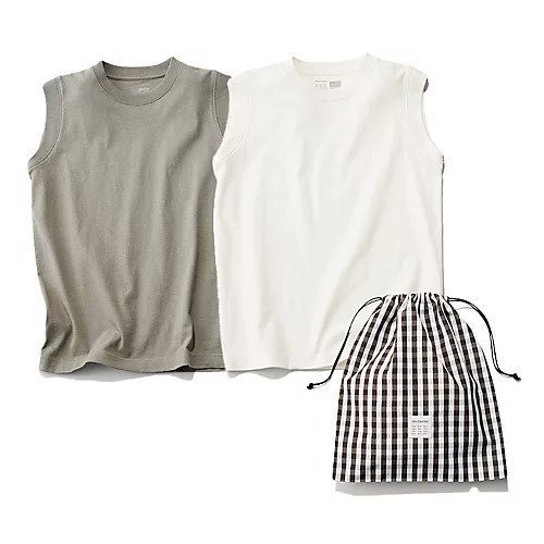 【トゥエルブクローゼット/12closet】の【洗える】大人に似合う・巾着つき USAコットンノースリーブTシャツ(2枚入り) インテリア・キッズ・メンズ・レディースファッション・服の通販 founy(ファニー) 　ファッション　Fashion　レディースファッション　Fashion for Women　トップス・カットソー　Cut & Sew Tops　キャミソール&ノースリーブ　Camisoles & Sleeveless Tops　シャツ・ブラウス・オフィスカジュアル　Elegant Blouses & Button-Ups　ロングTシャツ・Tシャツ　Longline T-Shirts & Tees　キャミソール　Camisole, Spaghetti Strap Top　ギンガム　Gingham, Gingham Fabric　チェック　Check, Plaid, Tartan　ノースリーブ　Sleeveless, No-Sleeve　バランス　Balance, Style Balance　ボーダー　Border, Stripe　エレガント 上品　Elegant　人気　Popular, Best Seller　今季　This Season, Current Season　定番　Standard, Basic Item　巾着　Drawstring Bag, Kinchaku　洗える　Machine Washable　ホワイト&グレー|ID: prp329100003901683 ipo3291000000035665094