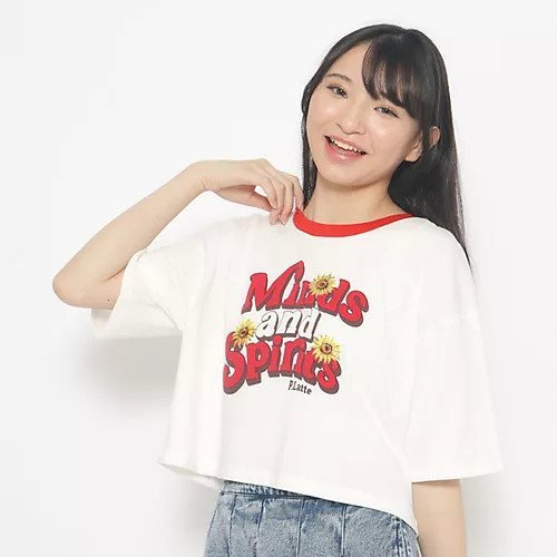 【ピンク ラテ/PINK-latte / KIDS】のひまわりプリント リンガーTシャツ インテリア・キッズ・メンズ・レディースファッション・服の通販 founy(ファニー) 　ファッション　Fashion　キッズファッション　KIDS　グラフィック　Graphic　プリント　Print　モチーフ　Motif　ホワイト&#215;レッド|ID: prp329100003913163 ipo3291000000029588093